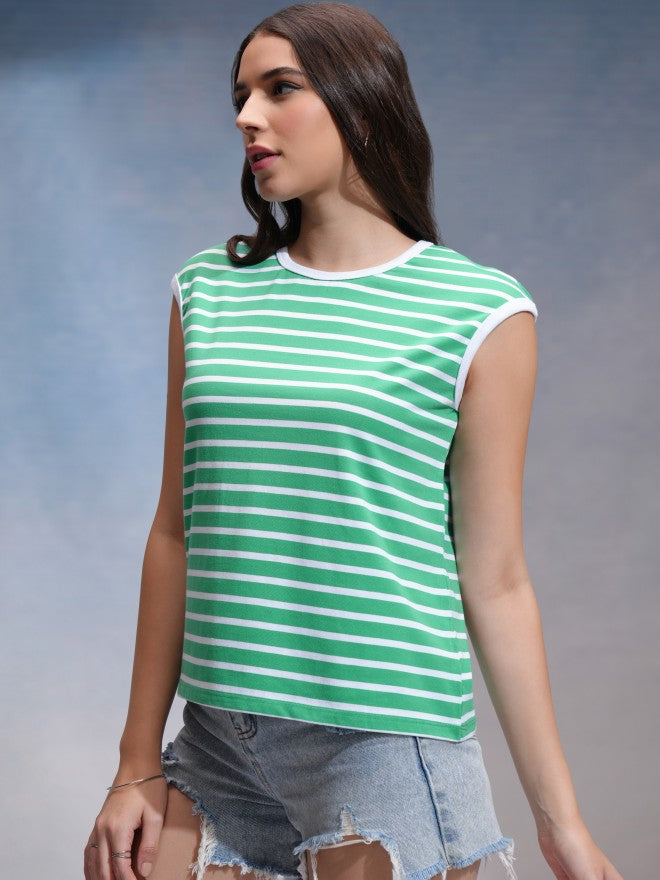 Tokyo Talkies Women Green Striped Round Neck T-Shirt - Green - Image 4