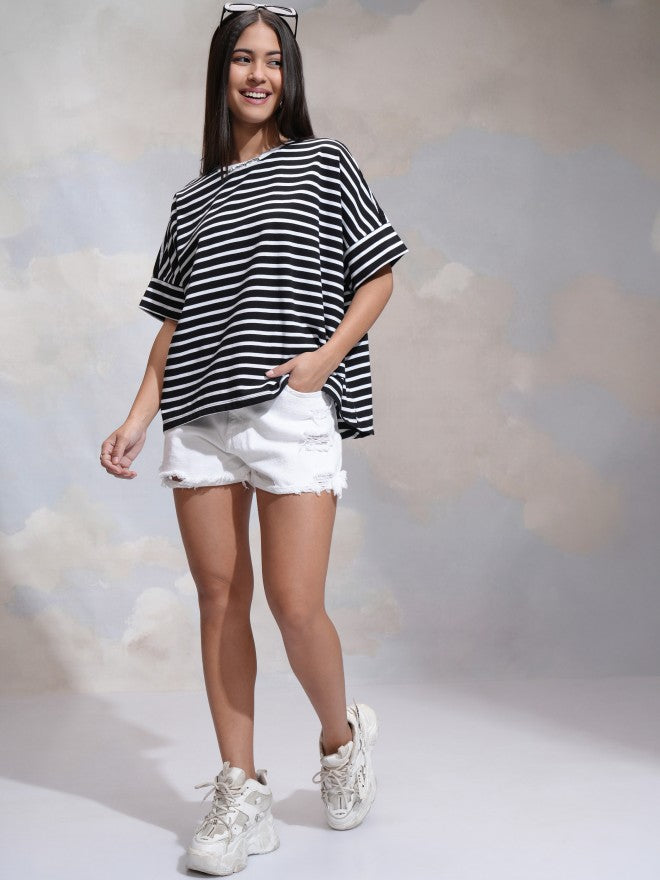 Tokyo Talkies Women Black Striped Round Neck T-Shirt - Black - Image 2