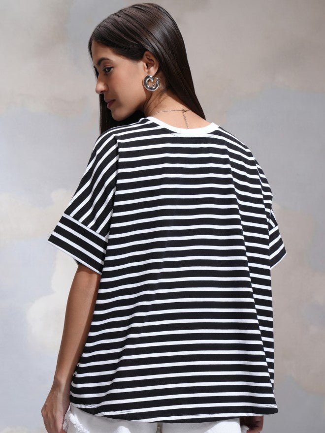 Tokyo Talkies Women Black Striped Round Neck T-Shirt - Black - Image 3