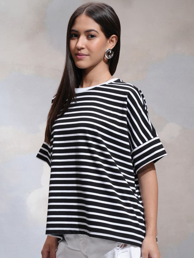 Tokyo Talkies Women Black Striped Round Neck T-Shirt - Black - Image 4