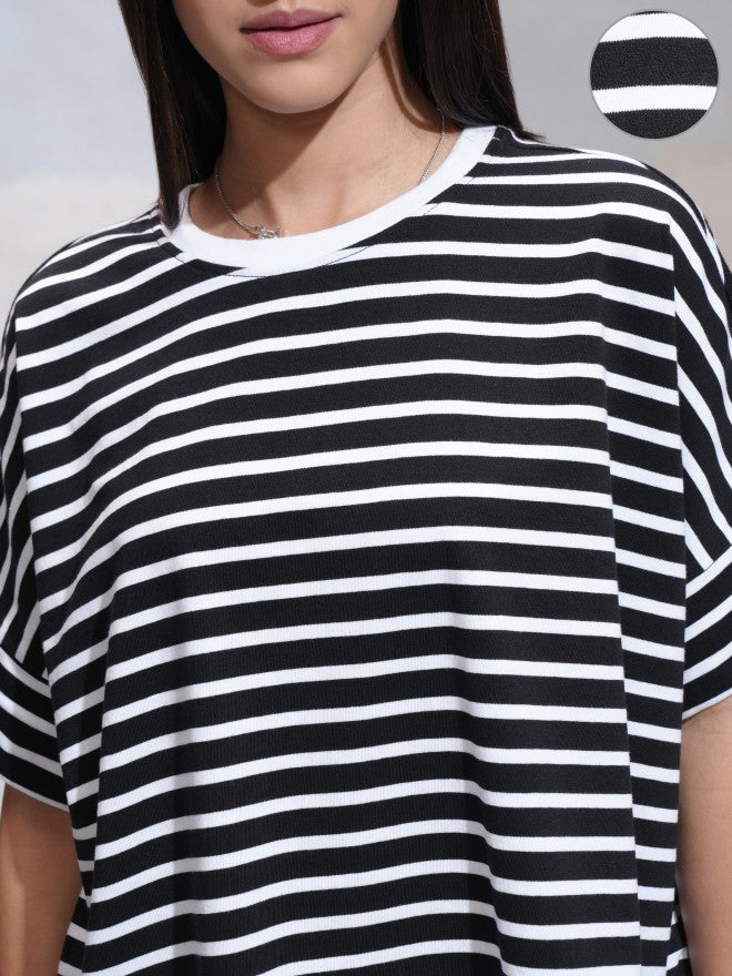 Tokyo Talkies Women Black Striped Round Neck T-Shirt - Black - Image 5