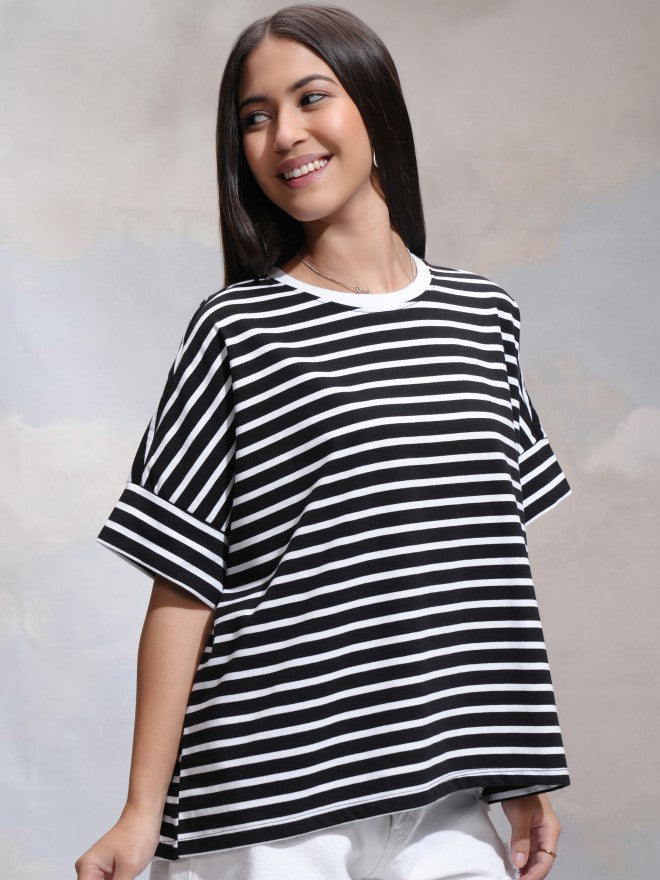 Tokyo Talkies Women Black Striped Round Neck T-Shirt - Black - Image 6