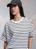 Tokyo Talkies Women White Striped Round Neck T-Shirt - White - Image 1