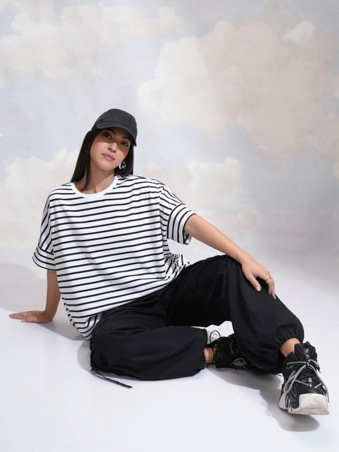 Tokyo Talkies Women White Striped Round Neck T-Shirt - White - Image 2