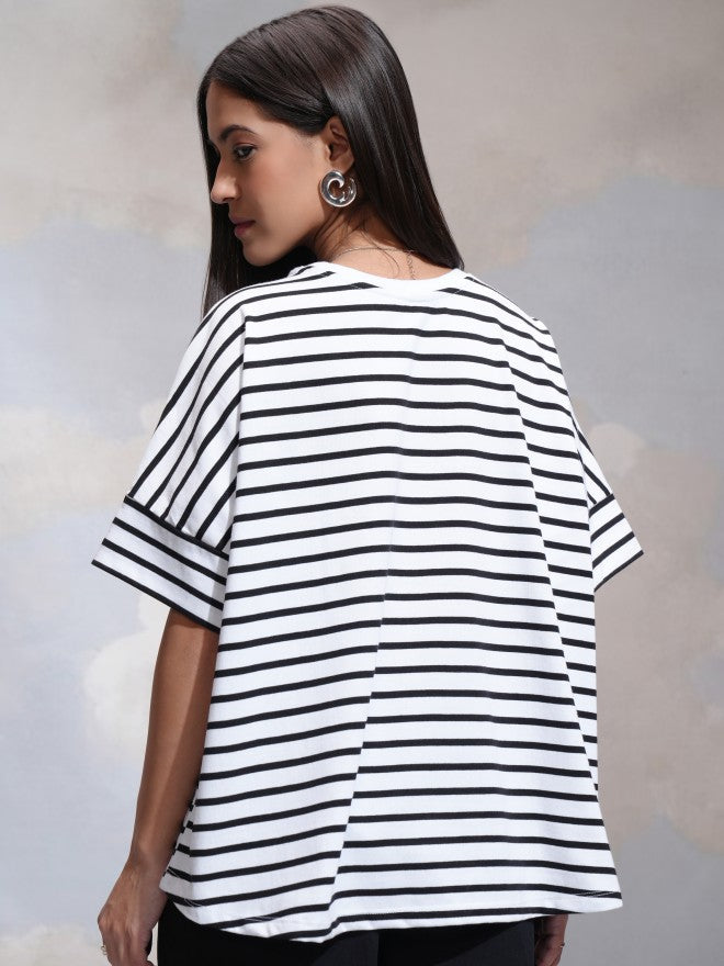 Tokyo Talkies Women White Striped Round Neck T-Shirt - White - Image 3