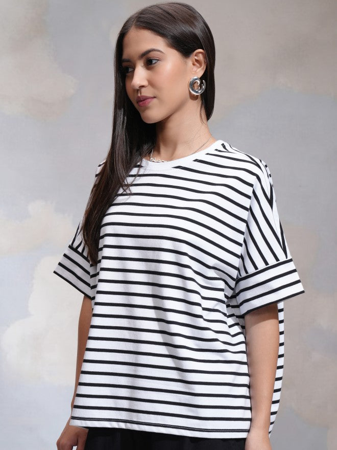 Tokyo Talkies Women White Striped Round Neck T-Shirt - White - Image 4