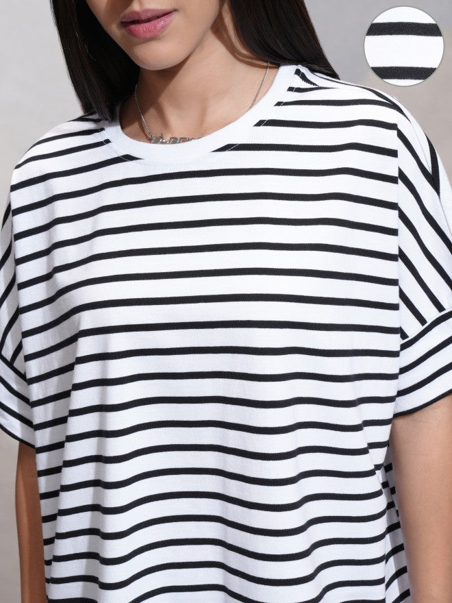 Tokyo Talkies Women White Striped Round Neck T-Shirt - White - Image 5