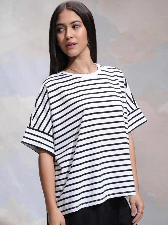 Tokyo Talkies Women White Striped Round Neck T-Shirt - White - Image 6