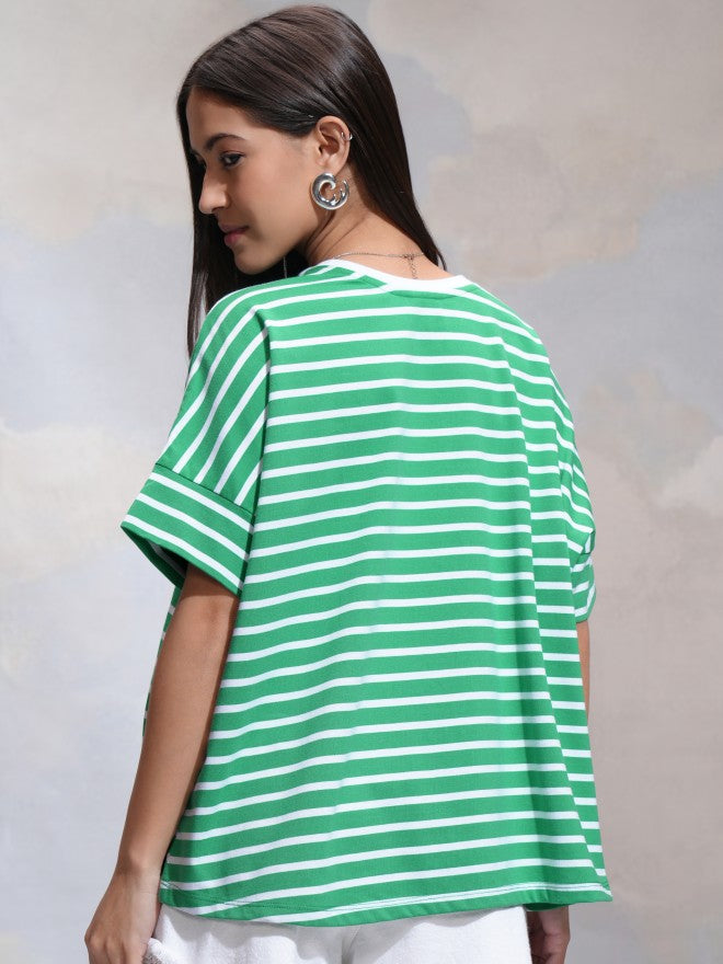 Tokyo Talkies Women Green Striped Round Neck T-Shirt - Green - Image 3