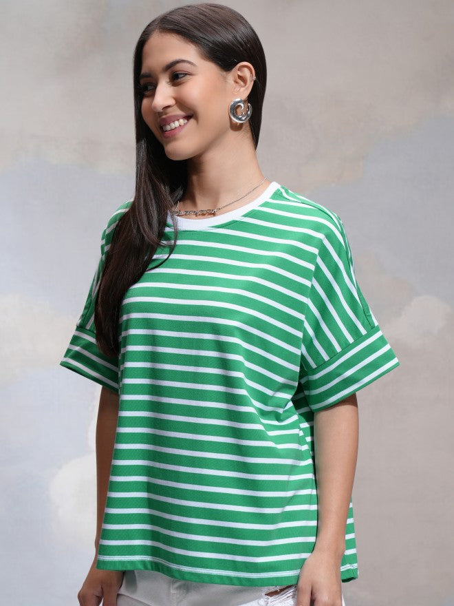 Tokyo Talkies Women Green Striped Round Neck T-Shirt - Green - Image 4