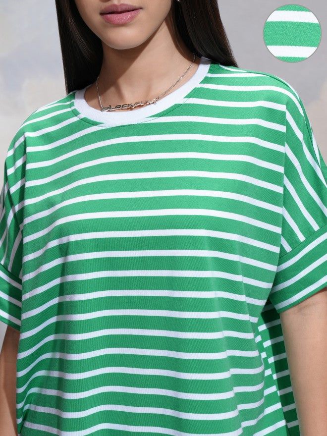 Tokyo Talkies Women Green Striped Round Neck T-Shirt - Green - Image 5