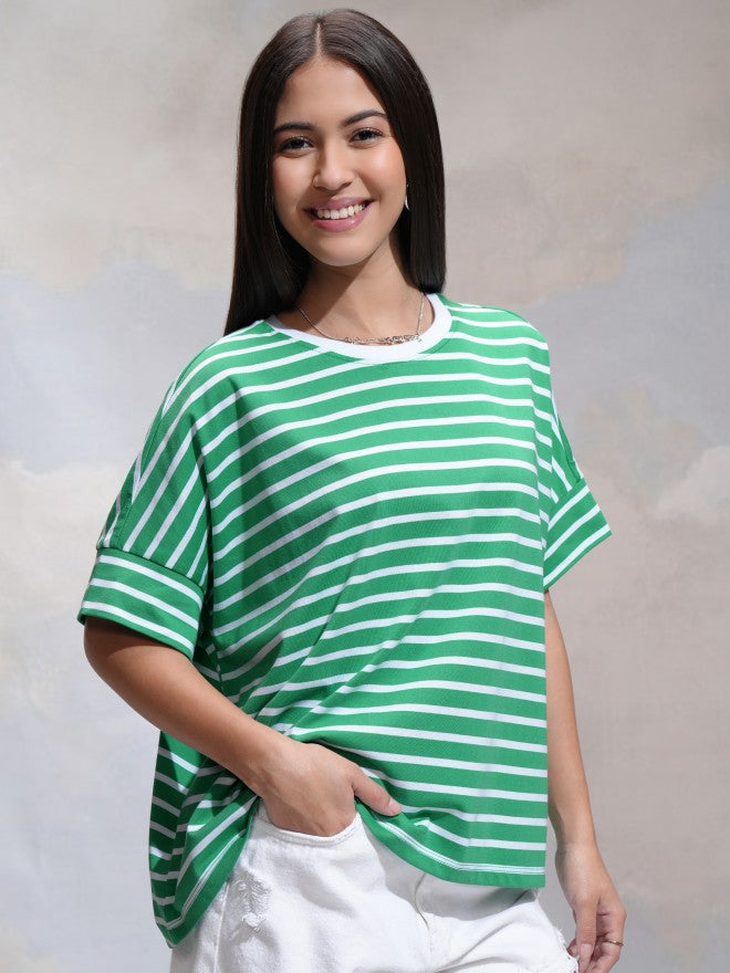 Tokyo Talkies Women Green Striped Round Neck T-Shirt - Green - Image 6
