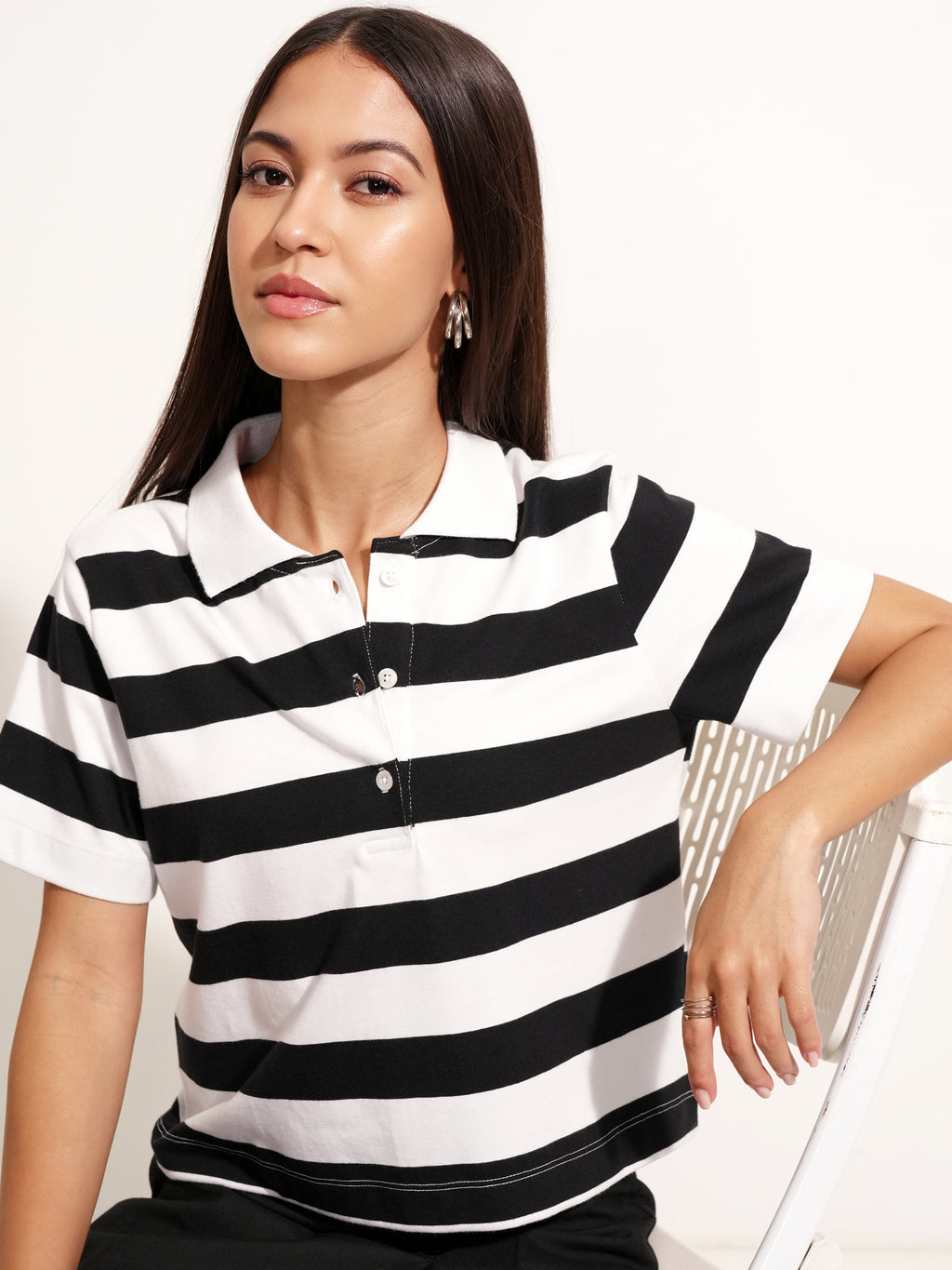 Tokyo Talkies Women Black Striped Polo Collar T-Shirt - Black - Image 1