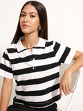 Tokyo Talkies Women Black Striped Polo Collar T-Shirt - Black - Image 1