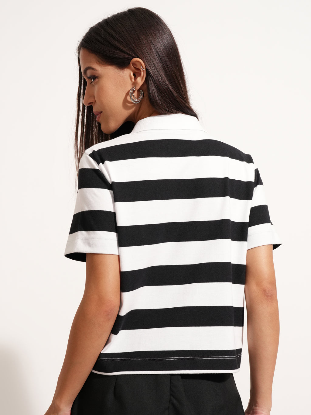 Tokyo Talkies Women Black Striped Polo Collar T-Shirt - Black - Image 3