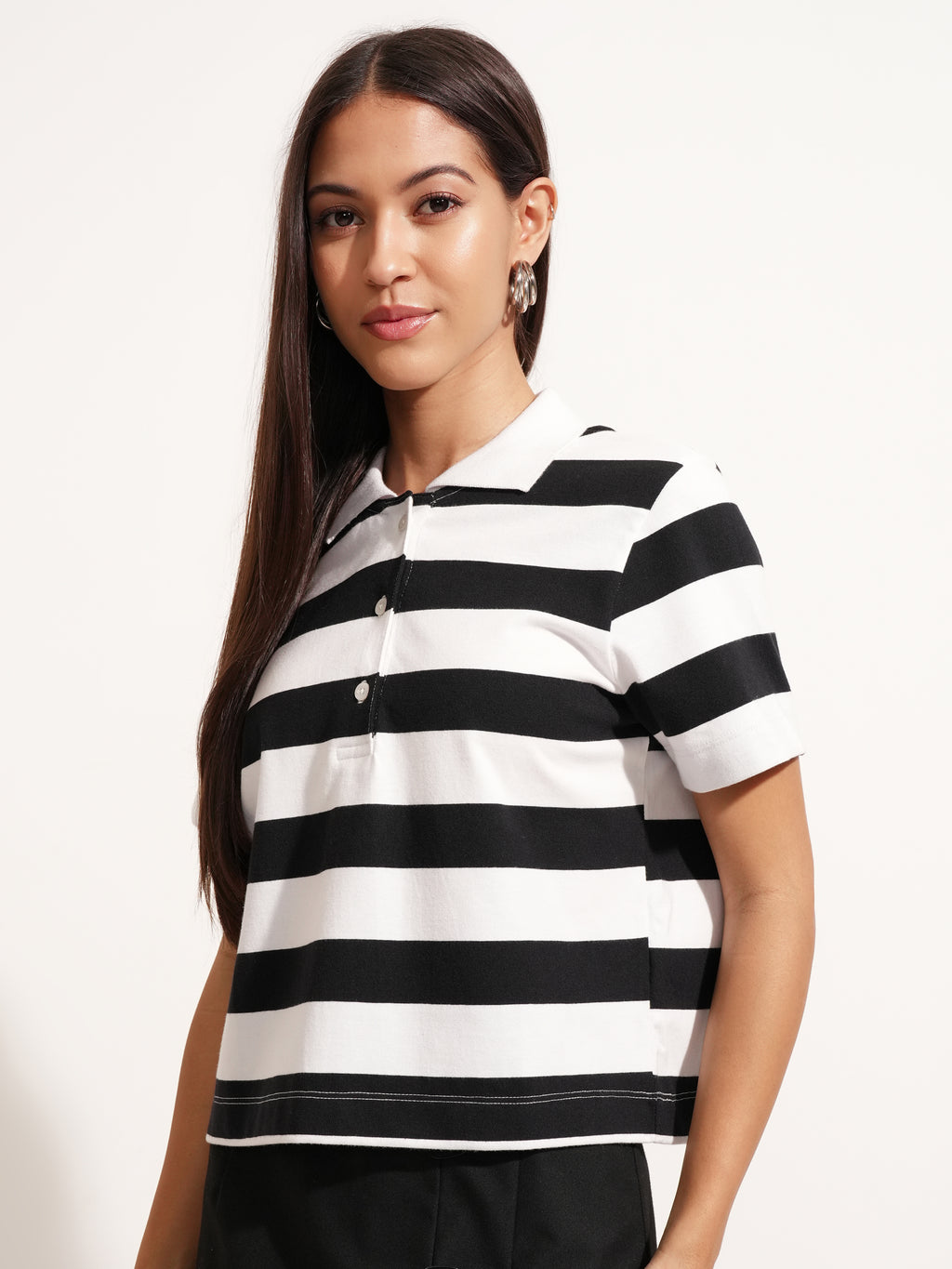 Tokyo Talkies Women Black Striped Polo Collar T-Shirt - Black - Image 4