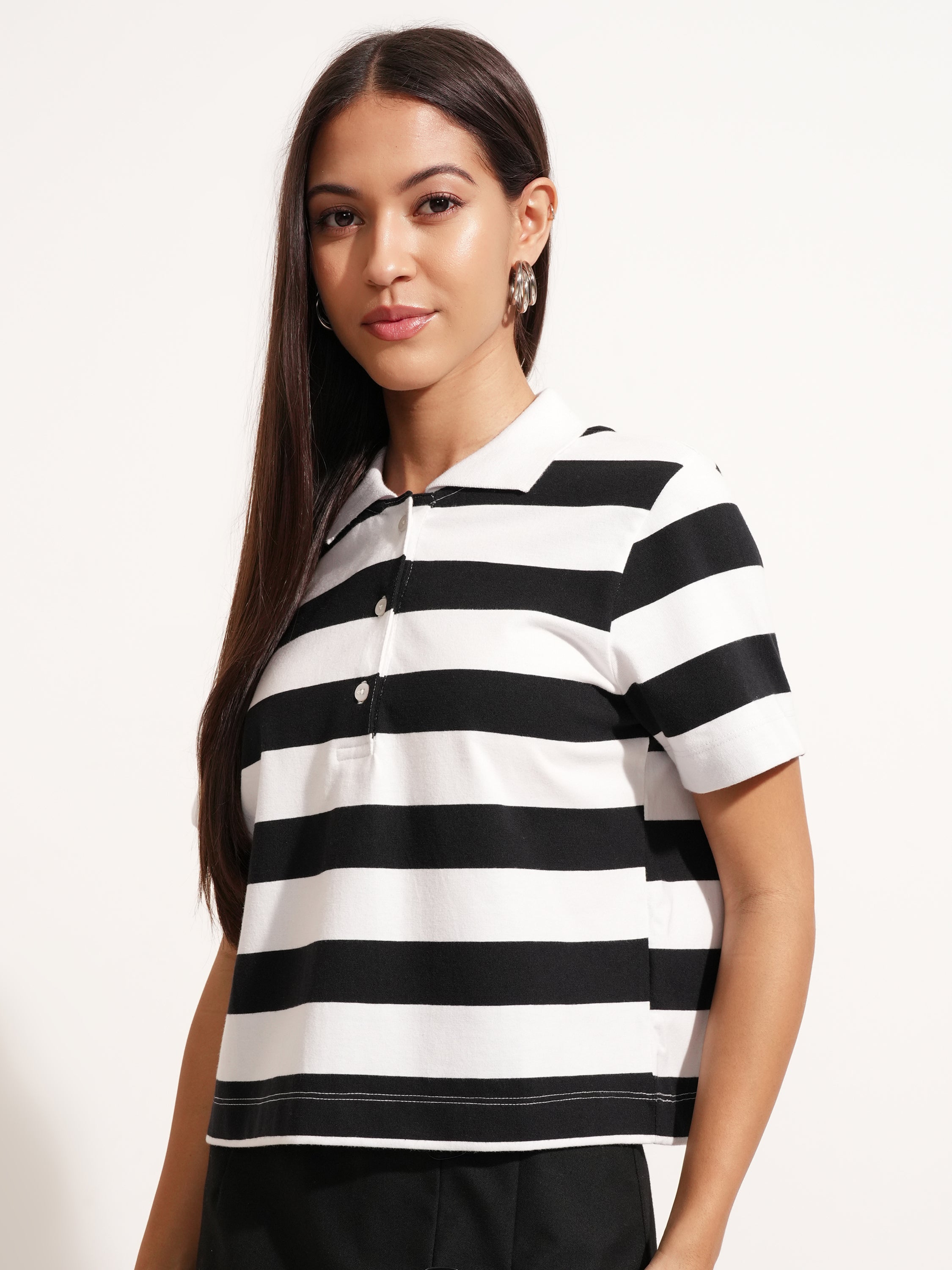 Tokyo Talkies Women Black Striped Polo Collar T-Shirt - Black - Image 4