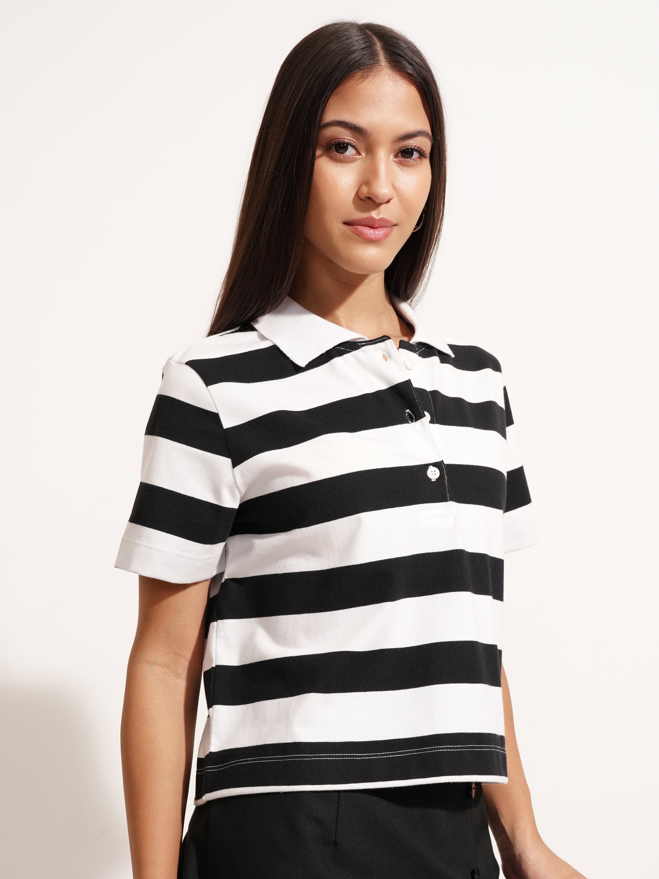 Tokyo Talkies Women Black Striped Polo Collar T-Shirt - Black - Image 6