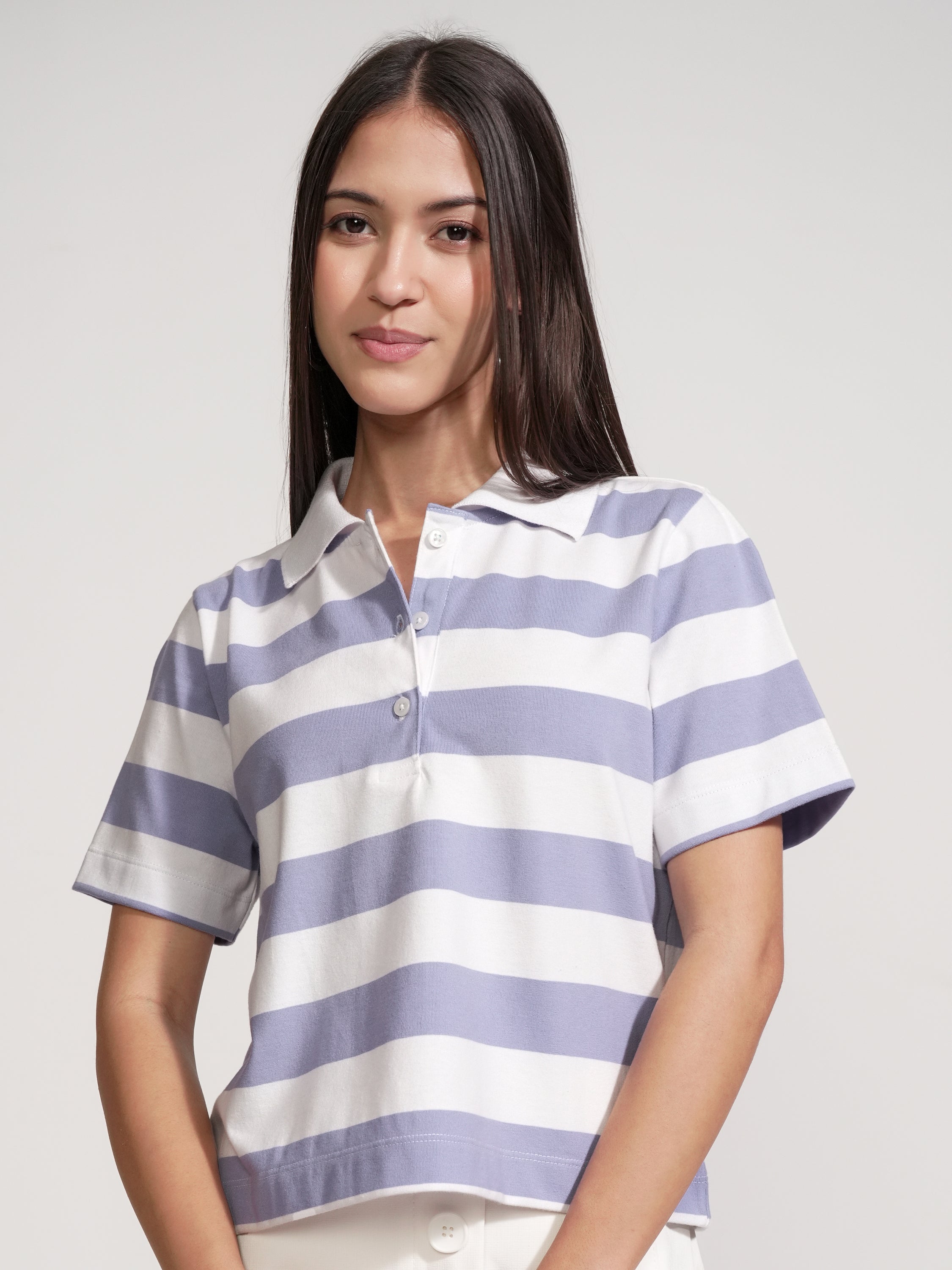 Tokyo Talkies Women Purple Striped Polo Collar T-Shirt - Purple - Image 1