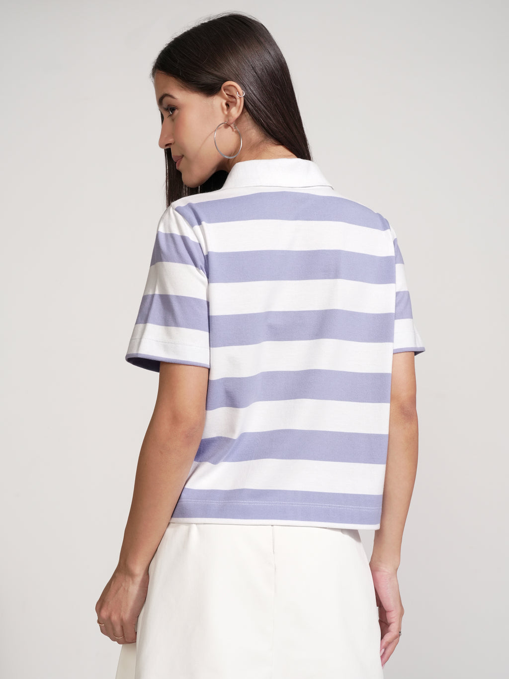 Tokyo Talkies Women Purple Striped Polo Collar T-Shirt - Purple - Image 3