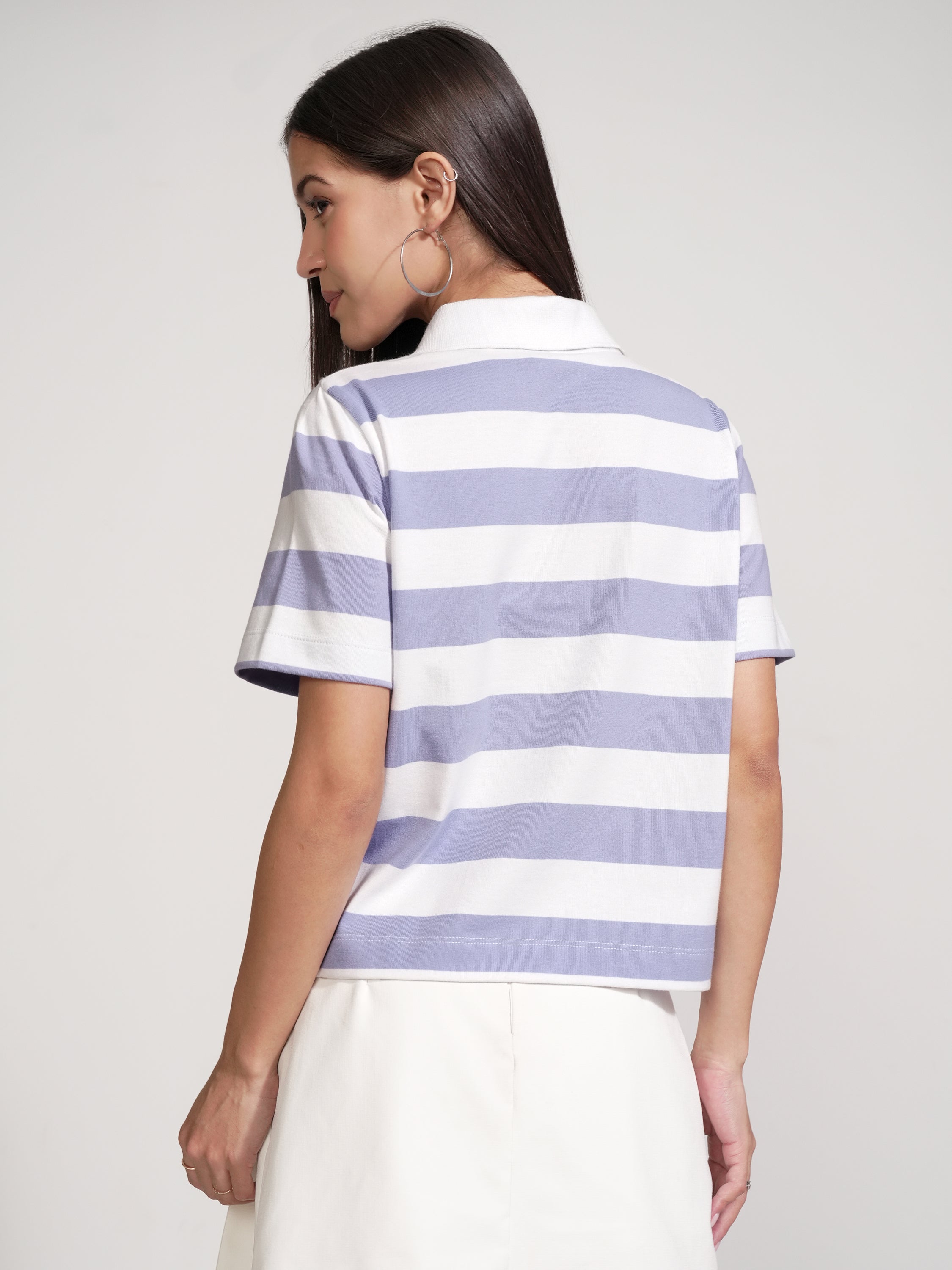 Tokyo Talkies Women Purple Striped Polo Collar T-Shirt - Purple - Image 3
