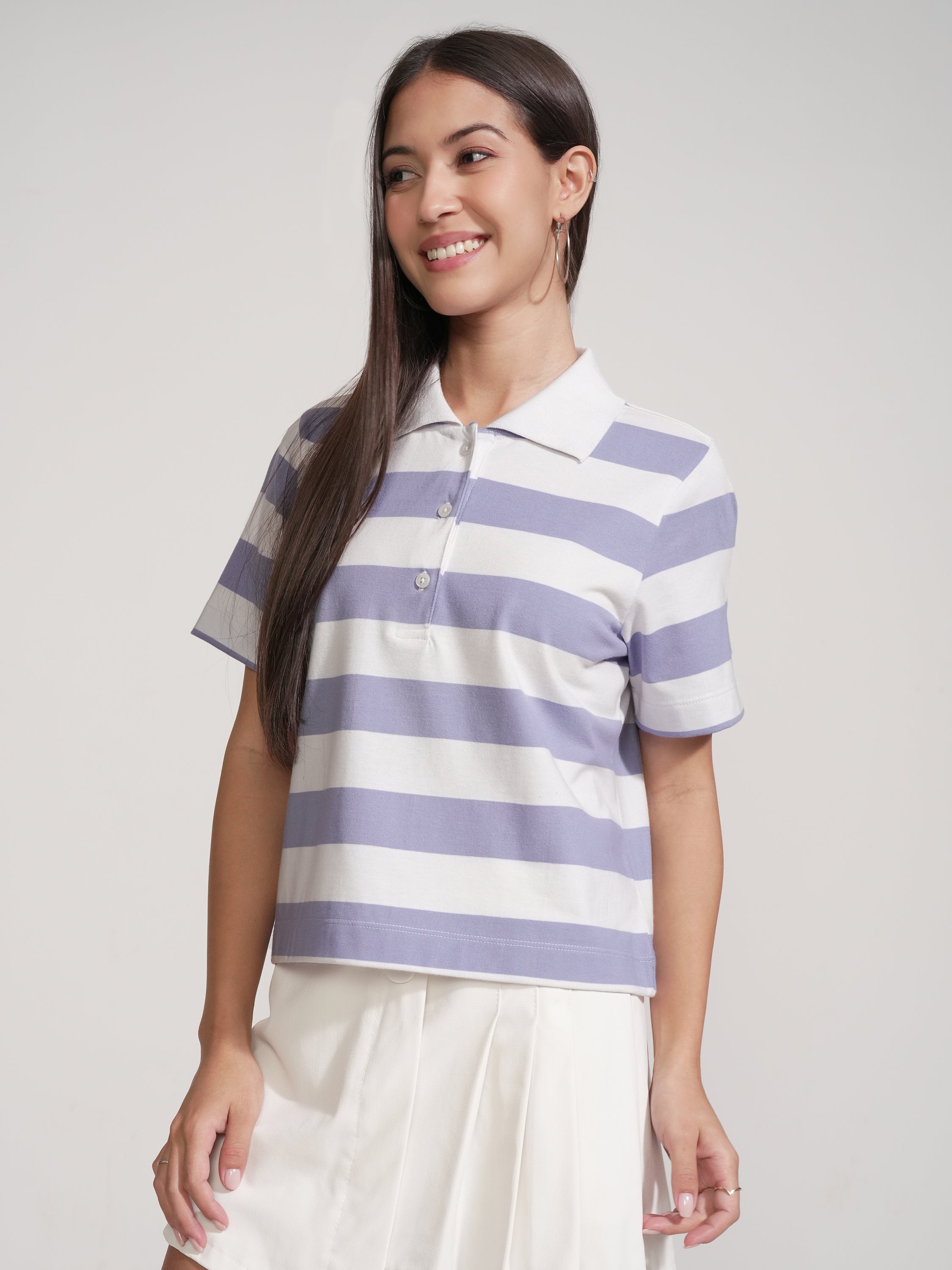 Tokyo Talkies Women Purple Striped Polo Collar T-Shirt - Purple - Image 4