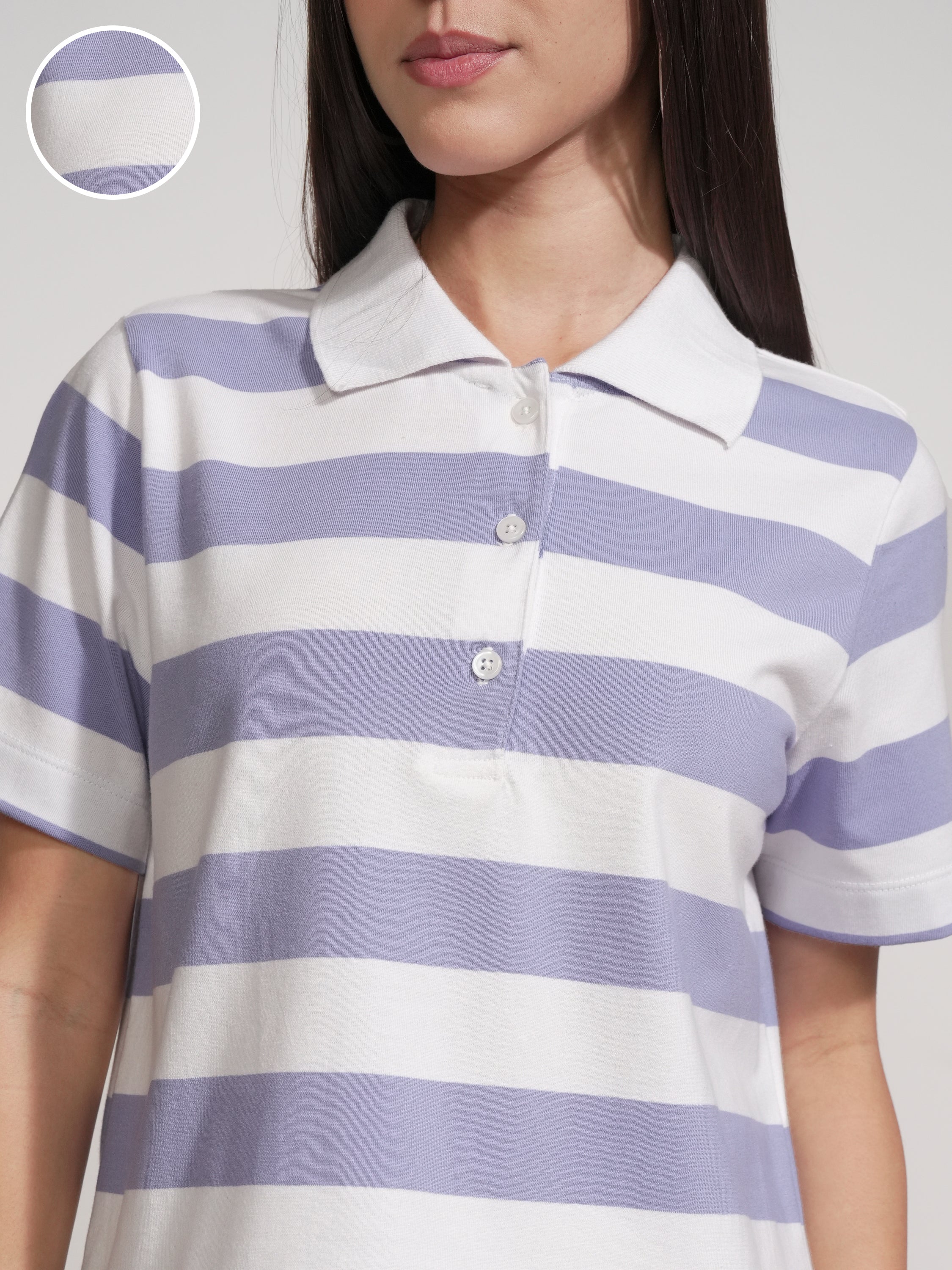 Tokyo Talkies Women Purple Striped Polo Collar T-Shirt - Purple - Image 5