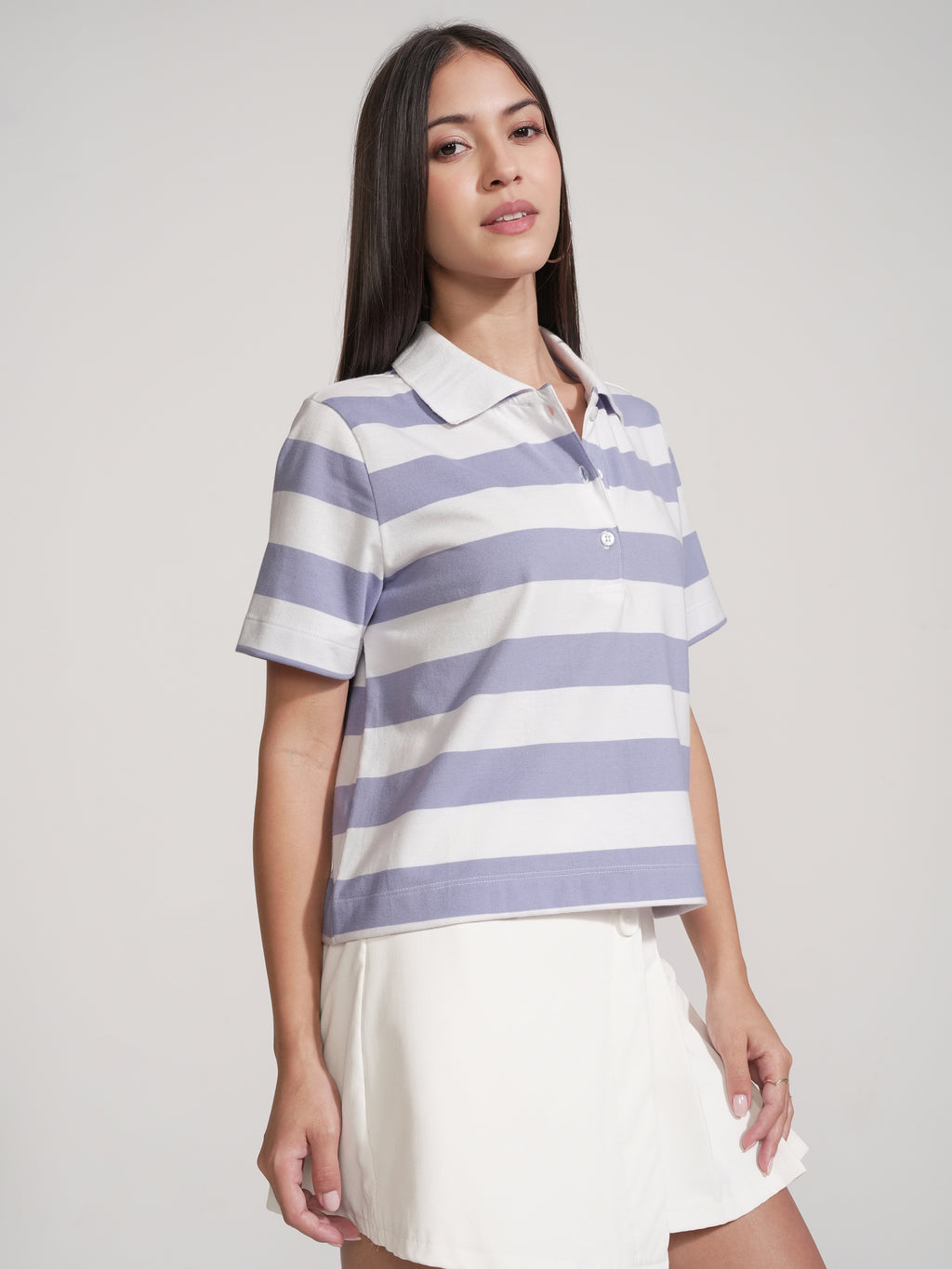 Tokyo Talkies Women Purple Striped Polo Collar T-Shirt - Purple - Image 6