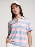 Tokyo Talkies Women Pink Striped Polo Collar T-Shirt - Pink - Image 1