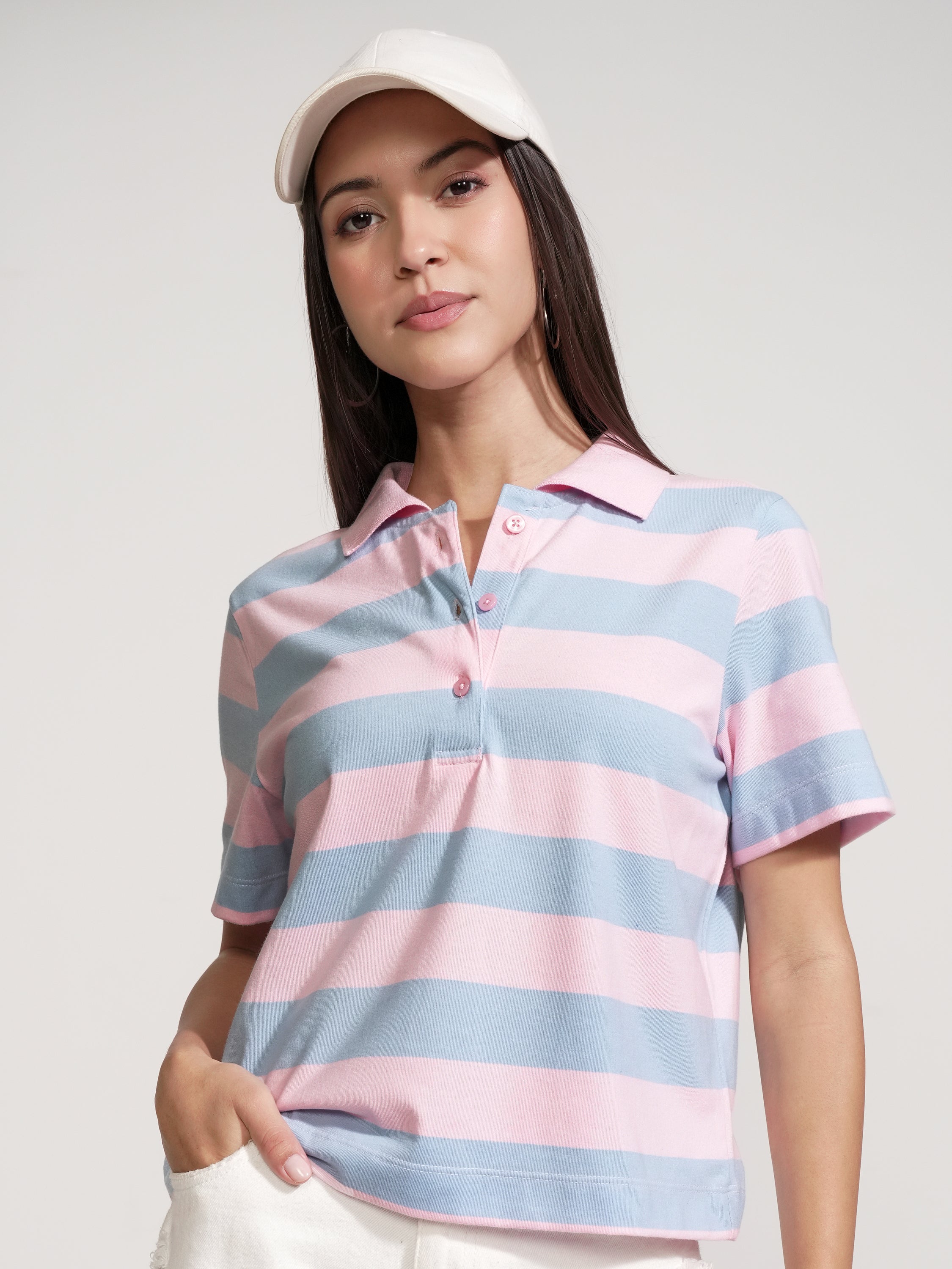 Tokyo Talkies Women Pink Striped Polo Collar T-Shirt - Pink - Image 1