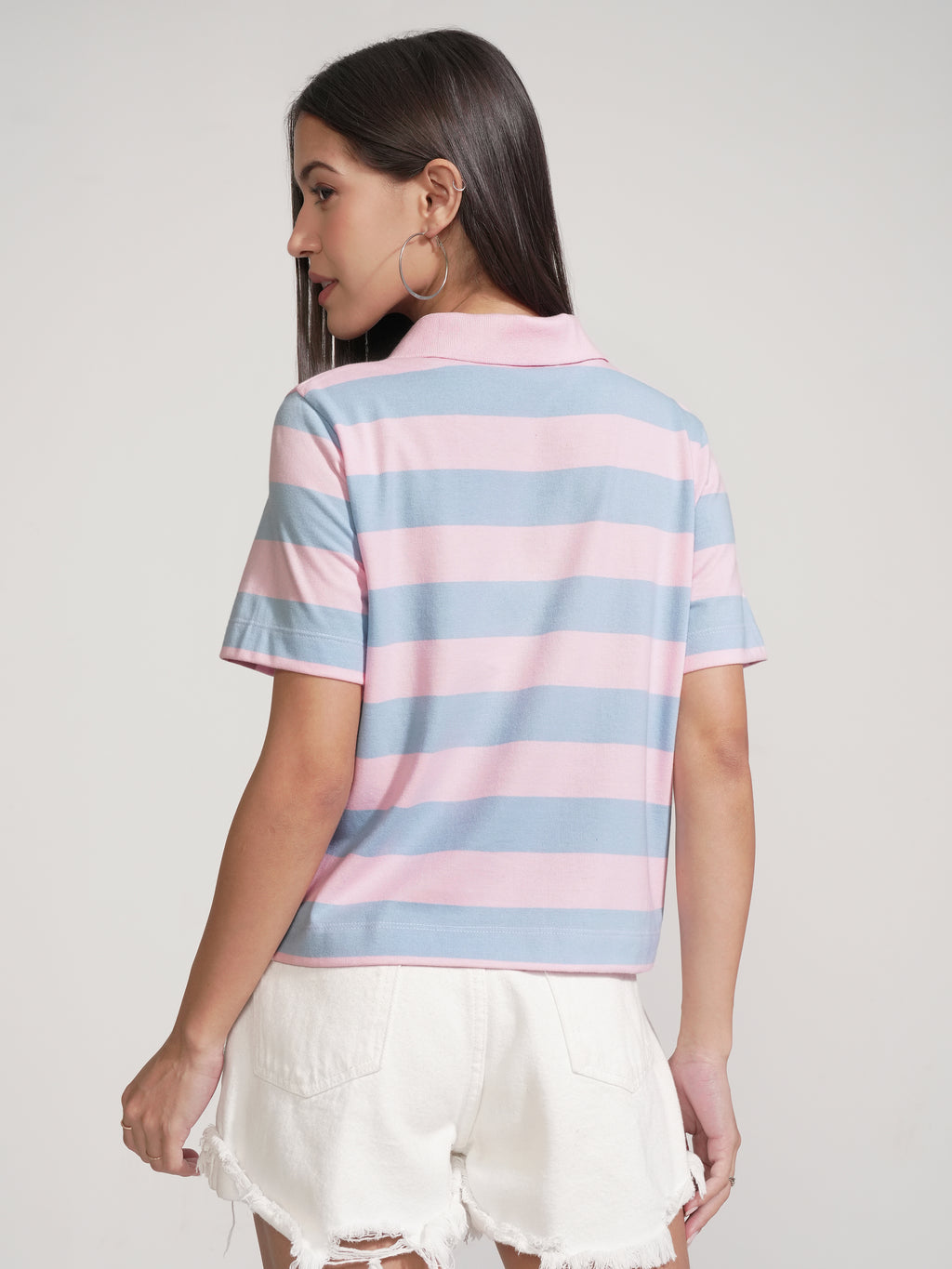 Tokyo Talkies Women Pink Striped Polo Collar T-Shirt - Pink - Image 3