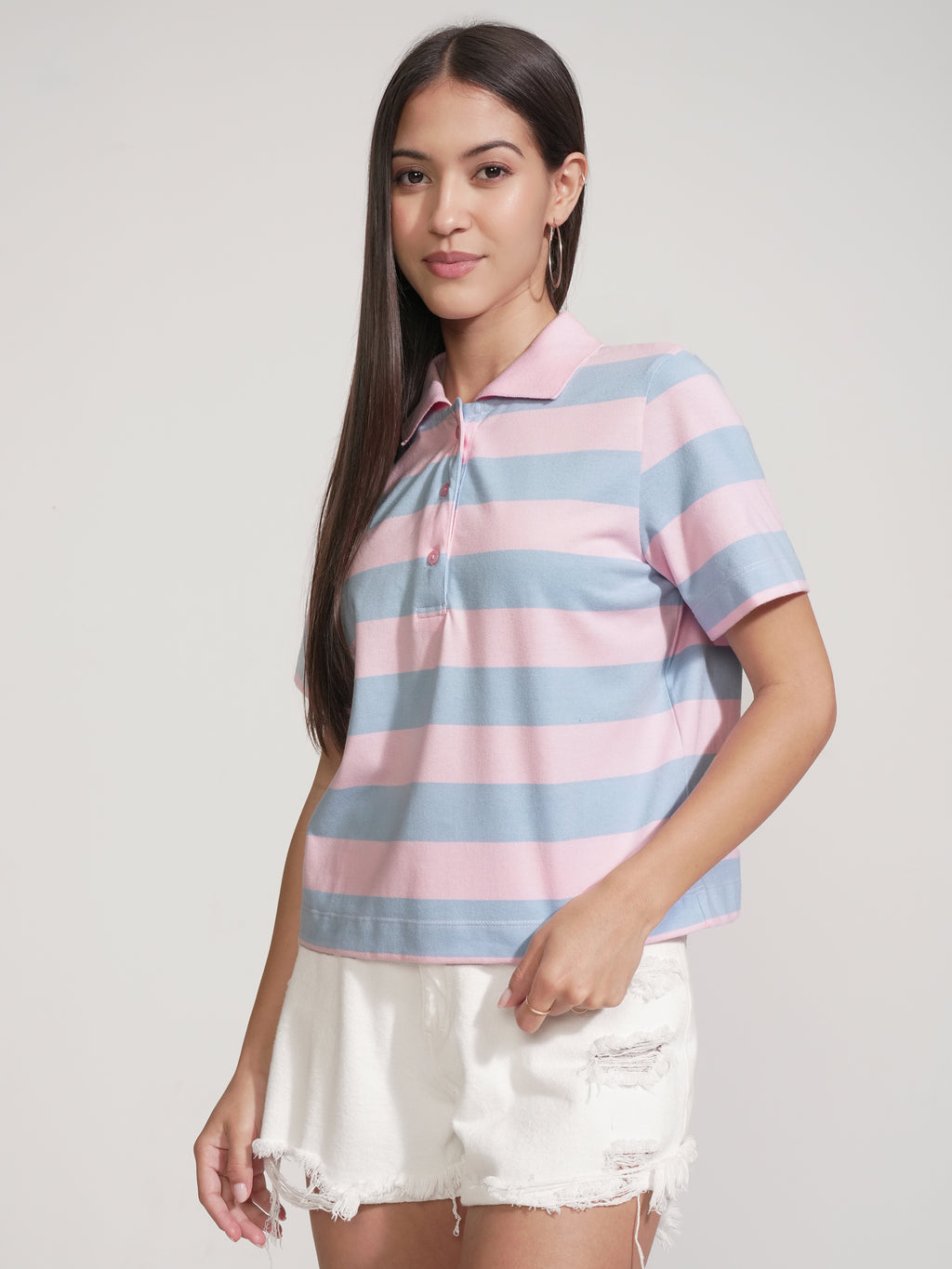 Tokyo Talkies Women Pink Striped Polo Collar T-Shirt - Pink - Image 4