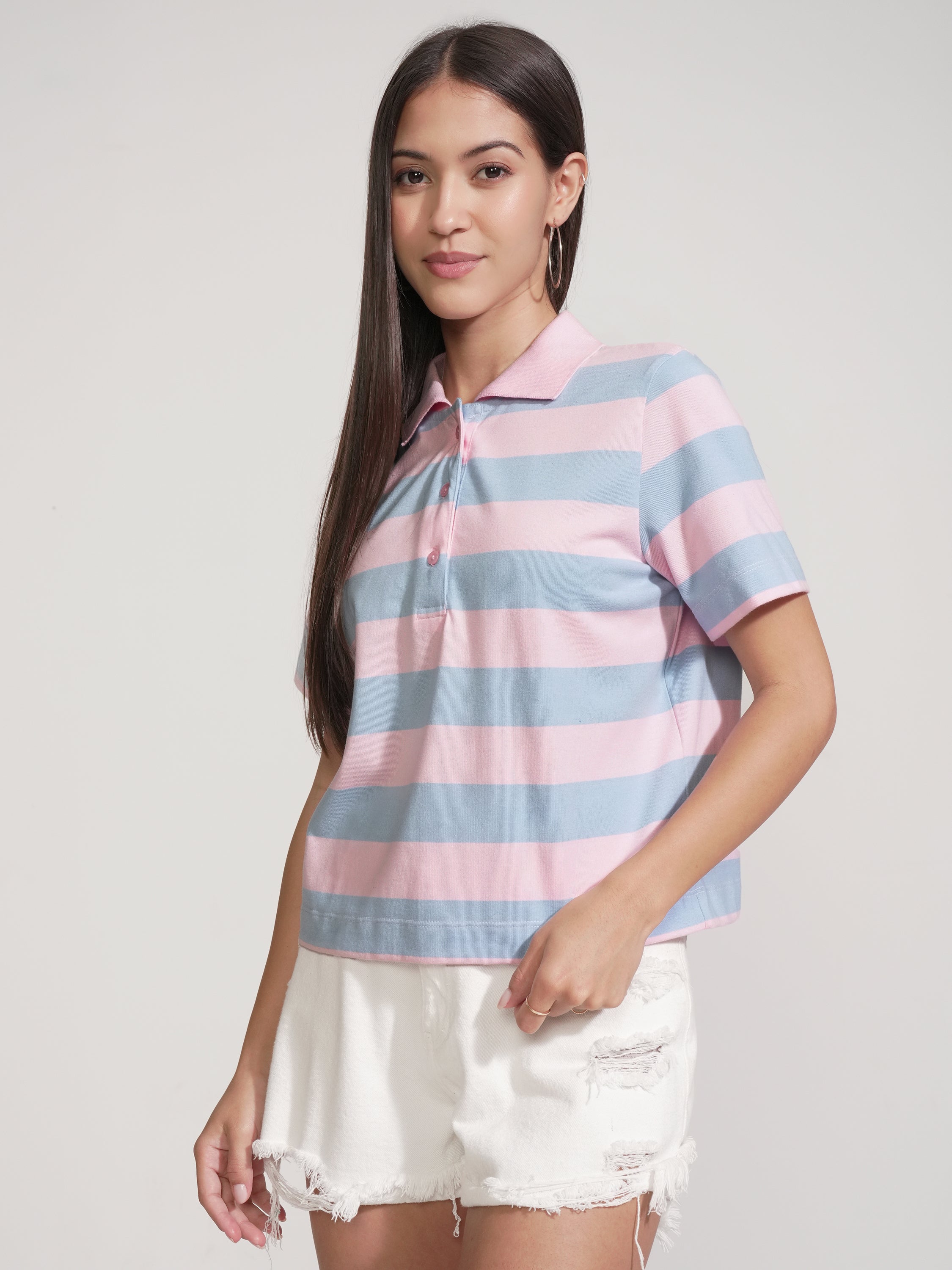 Tokyo Talkies Women Pink Striped Polo Collar T-Shirt - Pink - Image 4