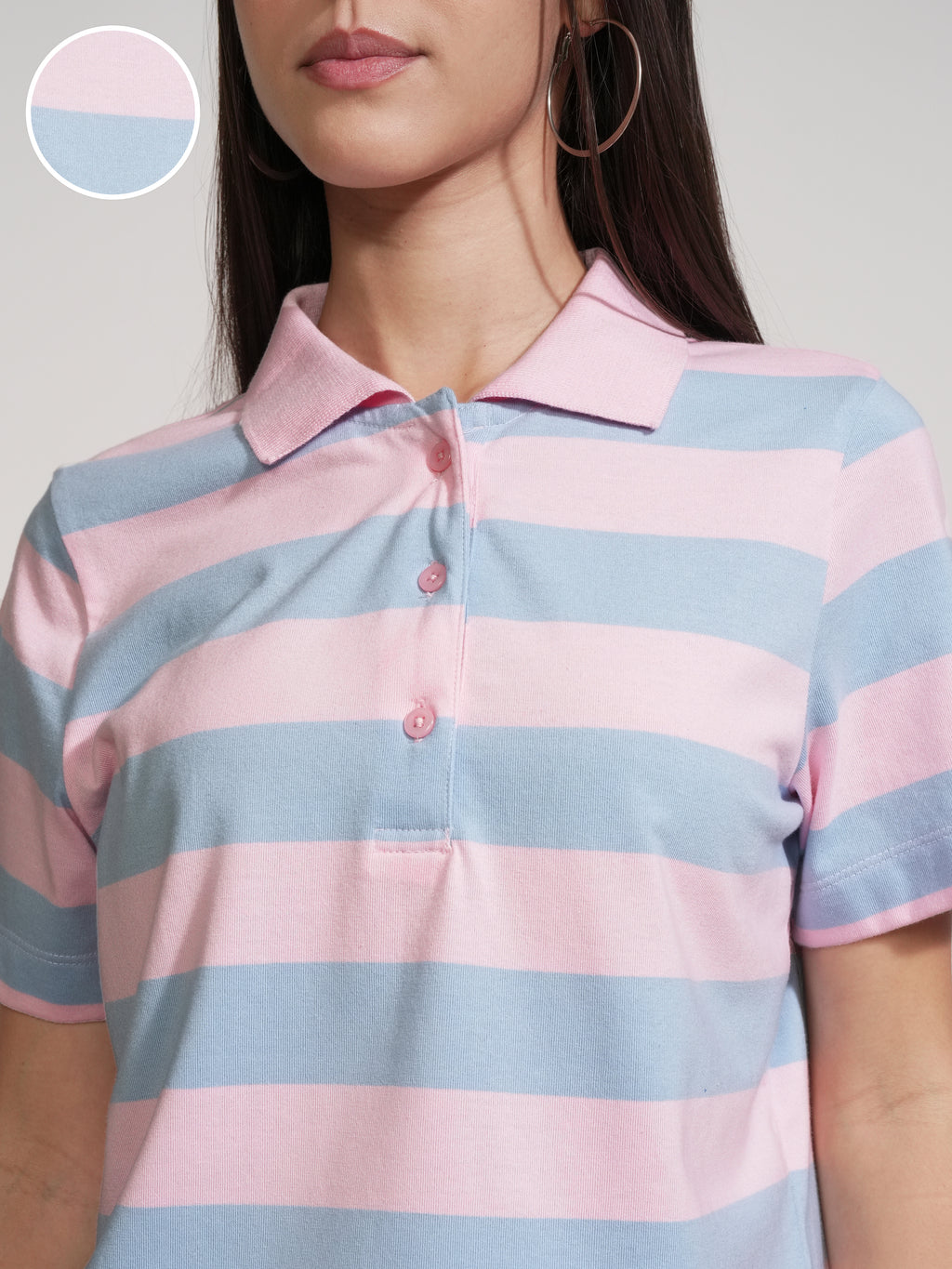 Tokyo Talkies Women Pink Striped Polo Collar T-Shirt - Pink - Image 5