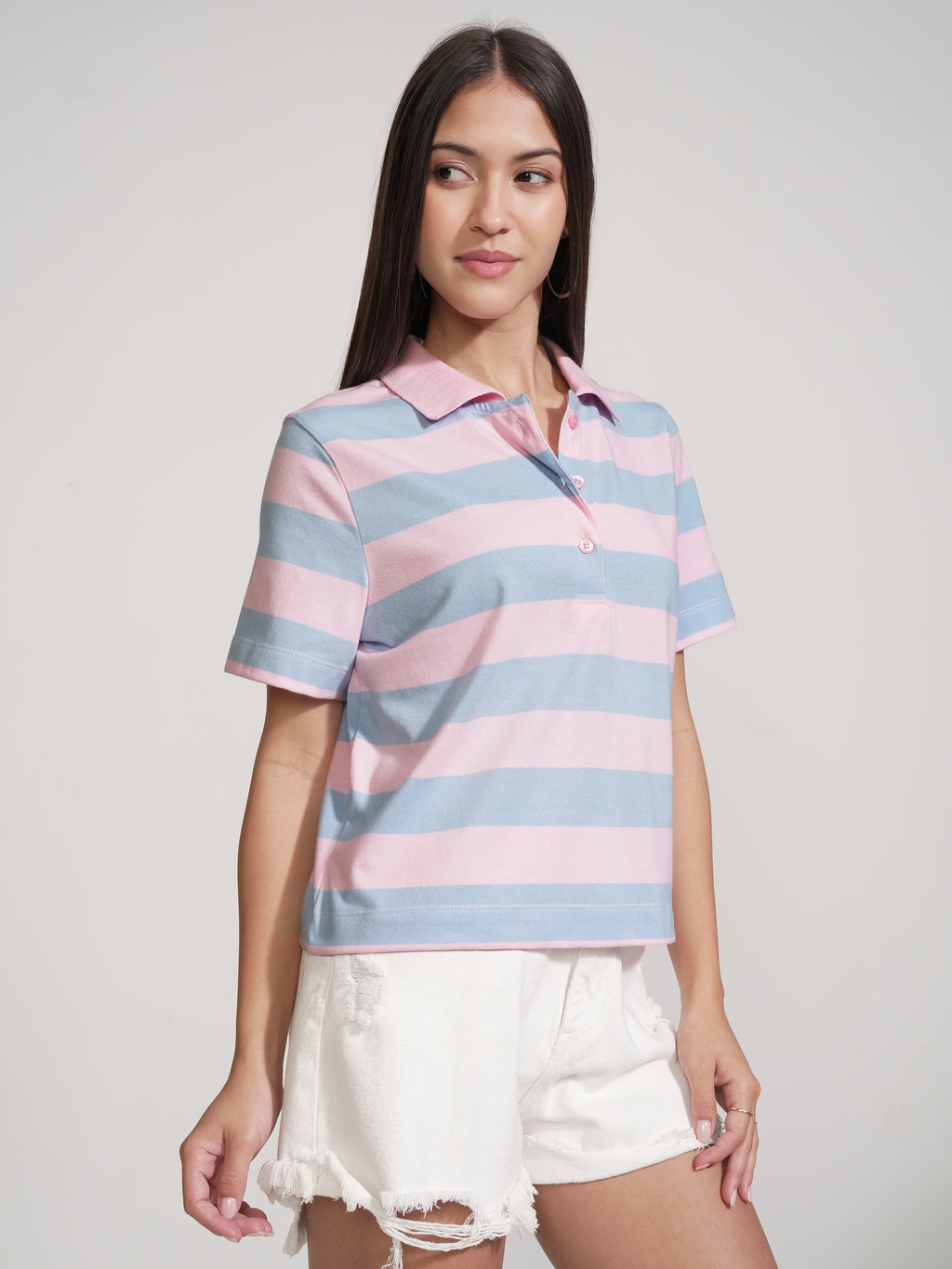 Tokyo Talkies Women Pink Striped Polo Collar T-Shirt - Pink - Image 6