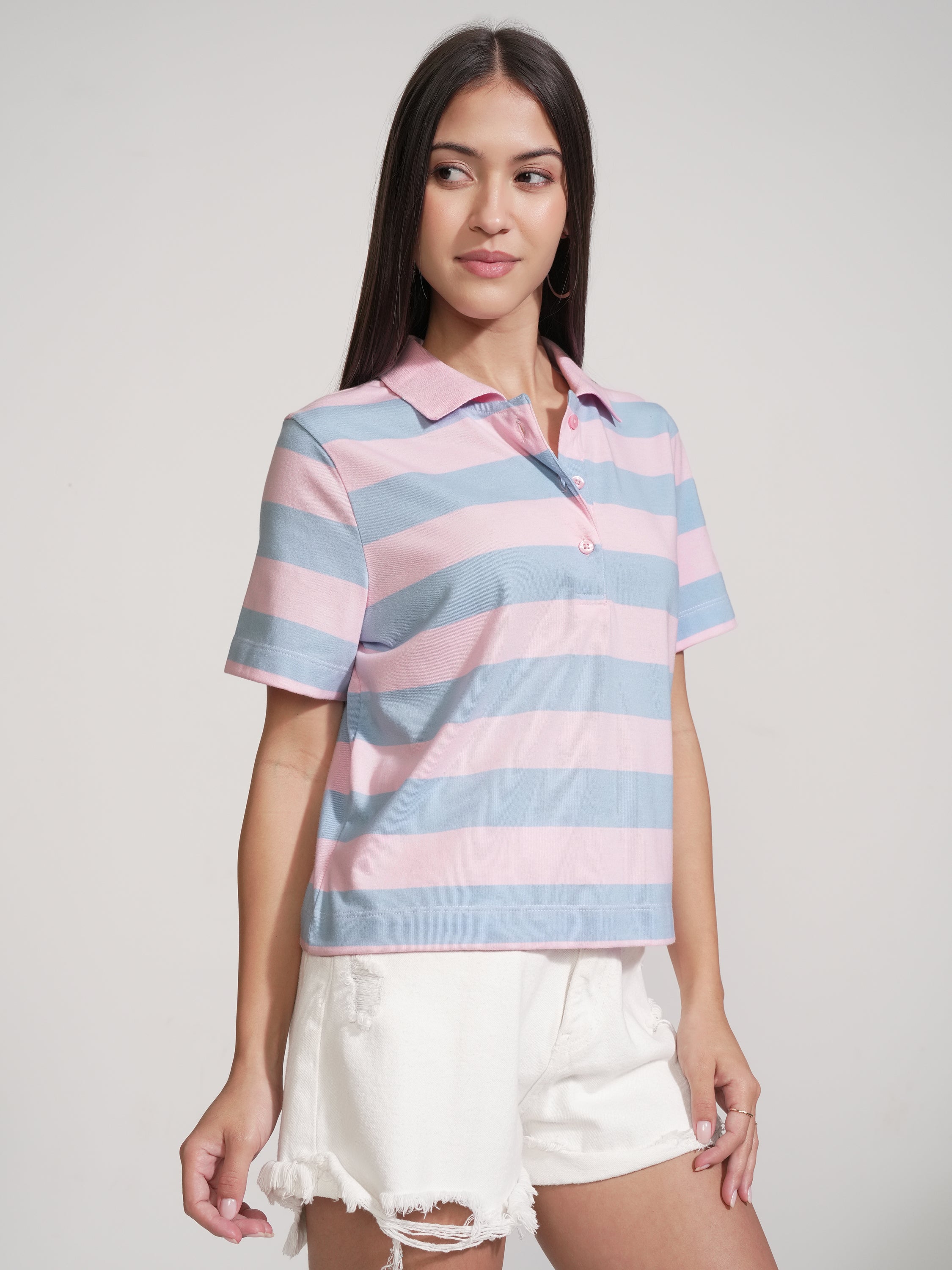 Tokyo Talkies Women Pink Striped Polo Collar T-Shirt - Pink - Image 6