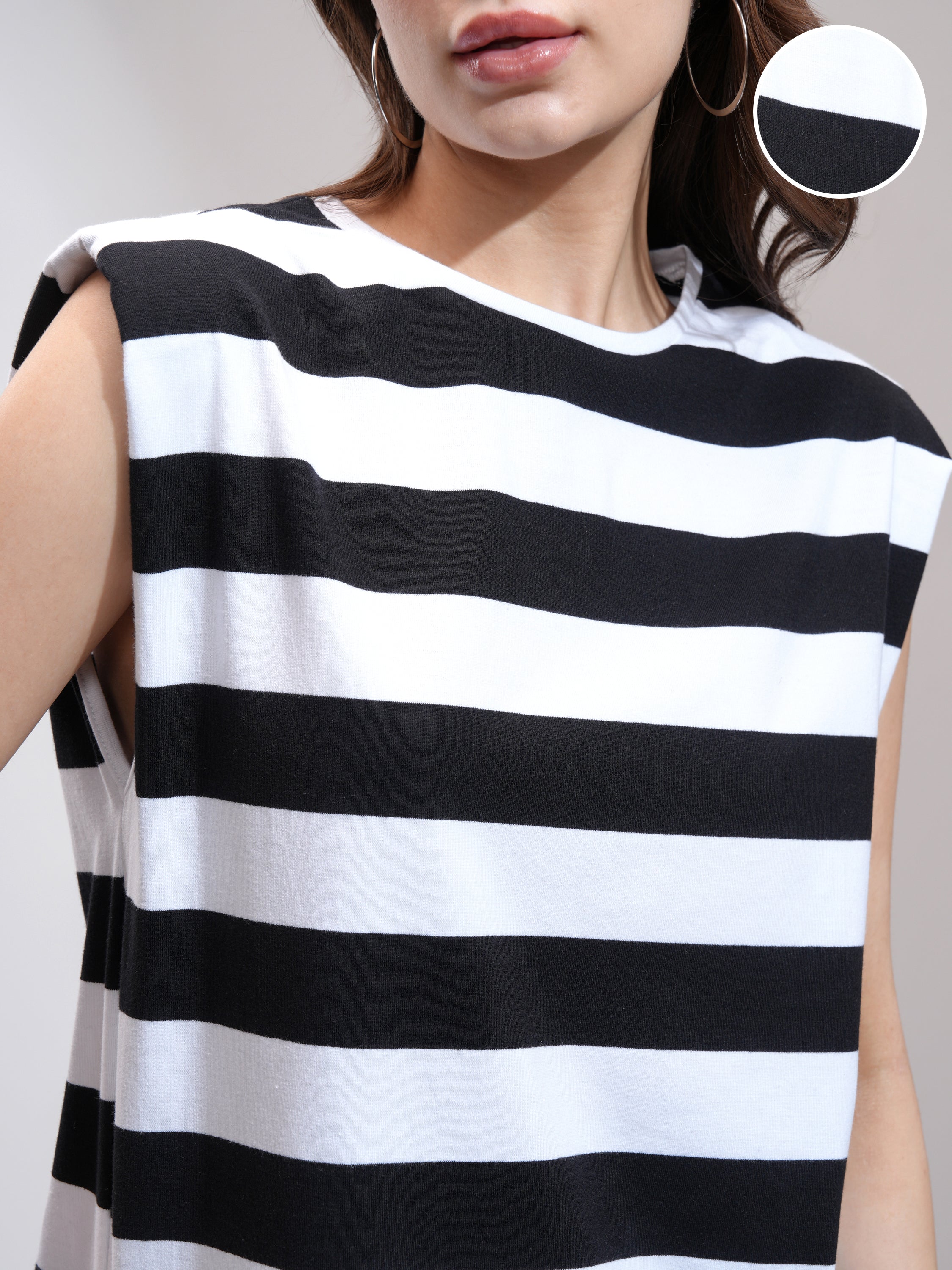 Tokyo Talkies Women Black Striped Round Neck T-Shirt - Black - Image 5