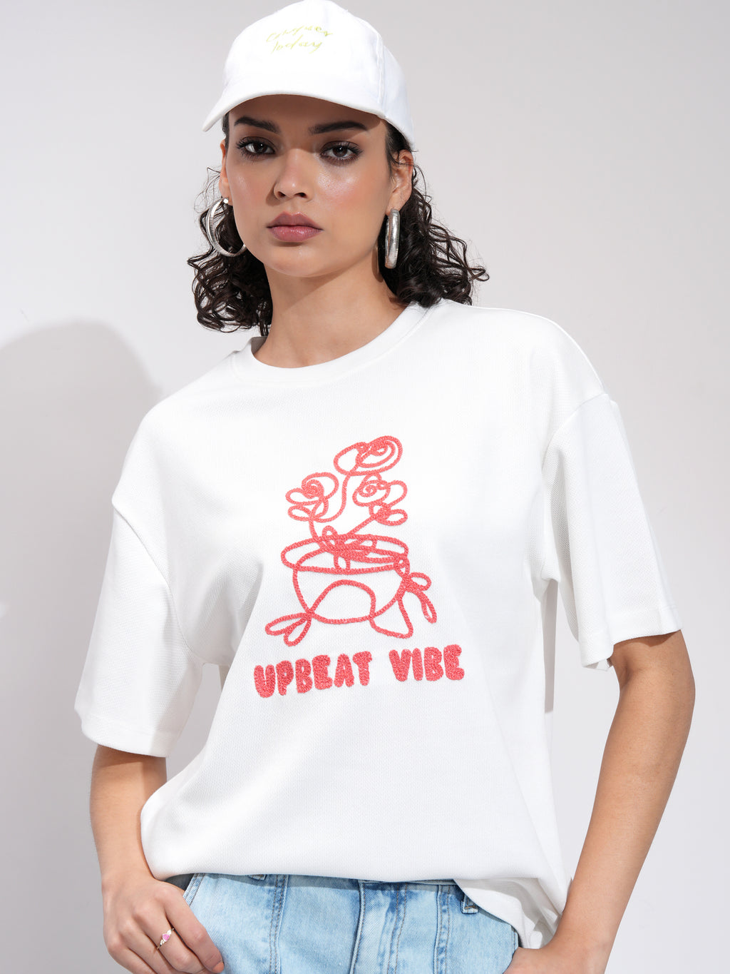 Tokyo Talkies Women Off White Embroidered Round Neck Oversized Fit T-Shirt - Off White - Image 1