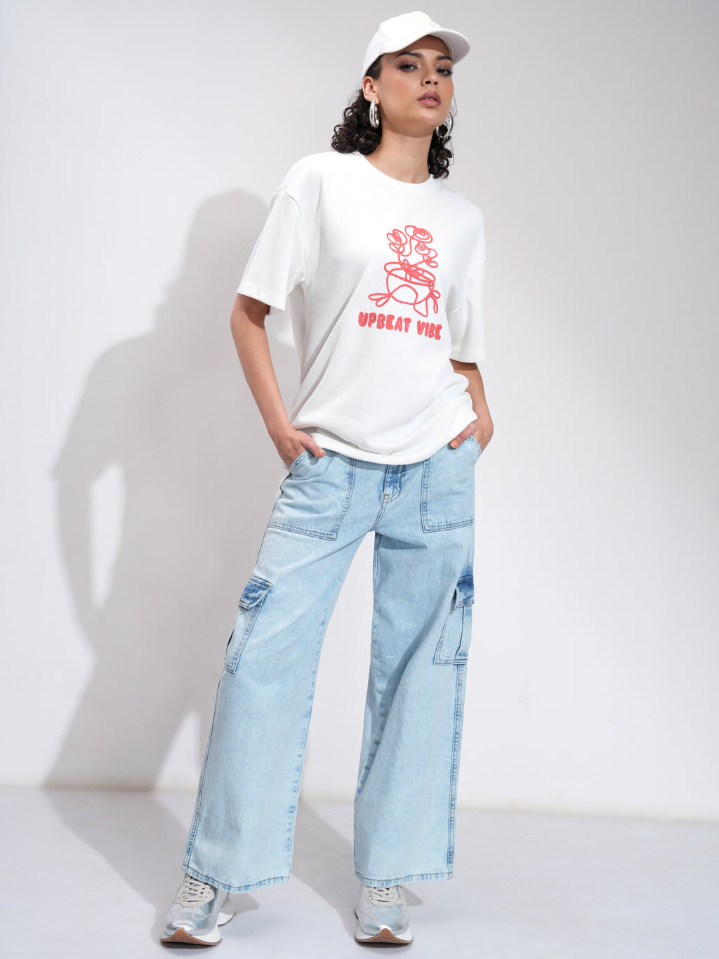 Tokyo Talkies Women Off White Embroidered Round Neck Oversized Fit T-Shirt - Off White - Image 2