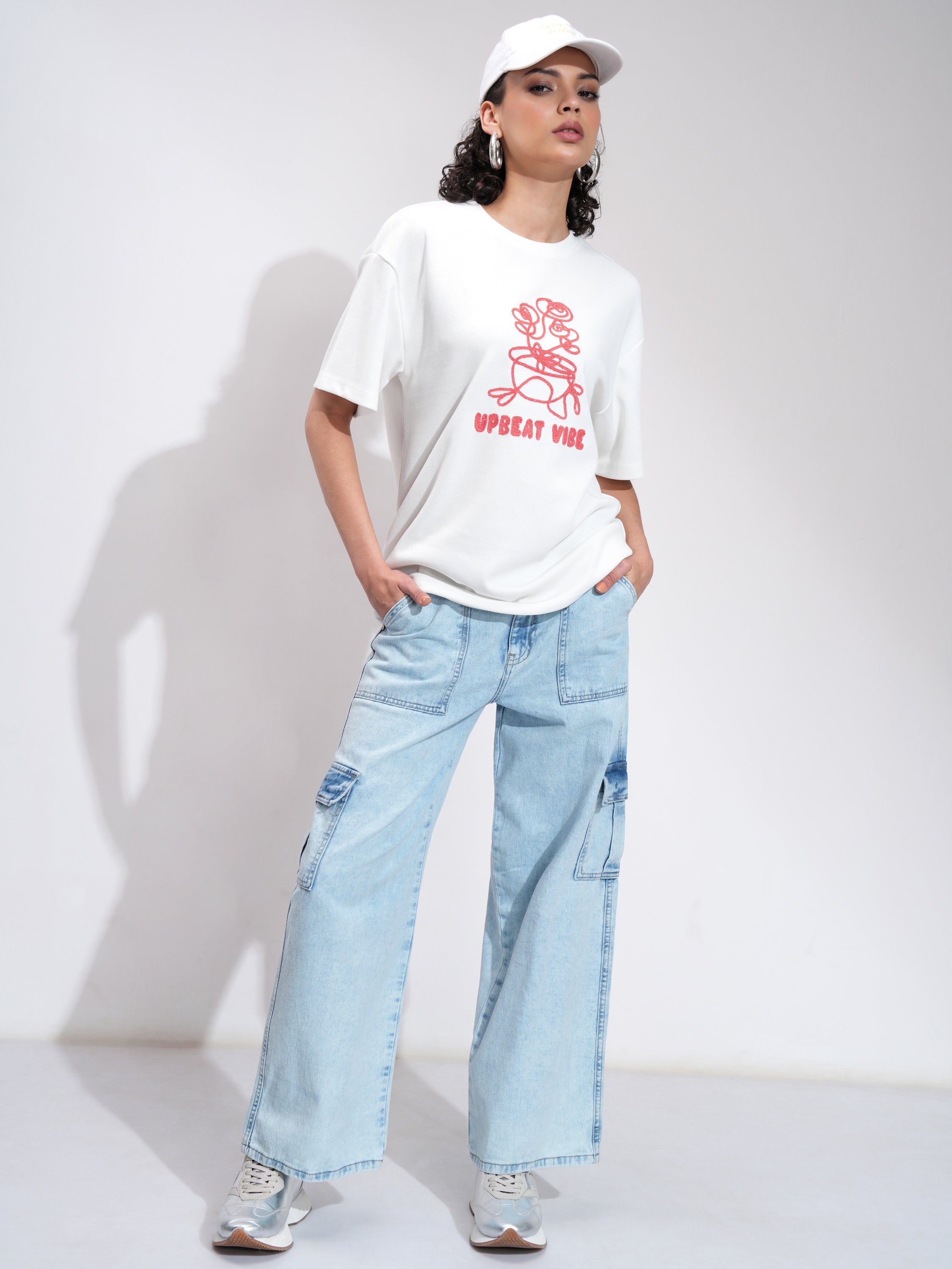 Tokyo Talkies Women Off White Embroidered Round Neck Oversized Fit T-Shirt - Off White - Image 2
