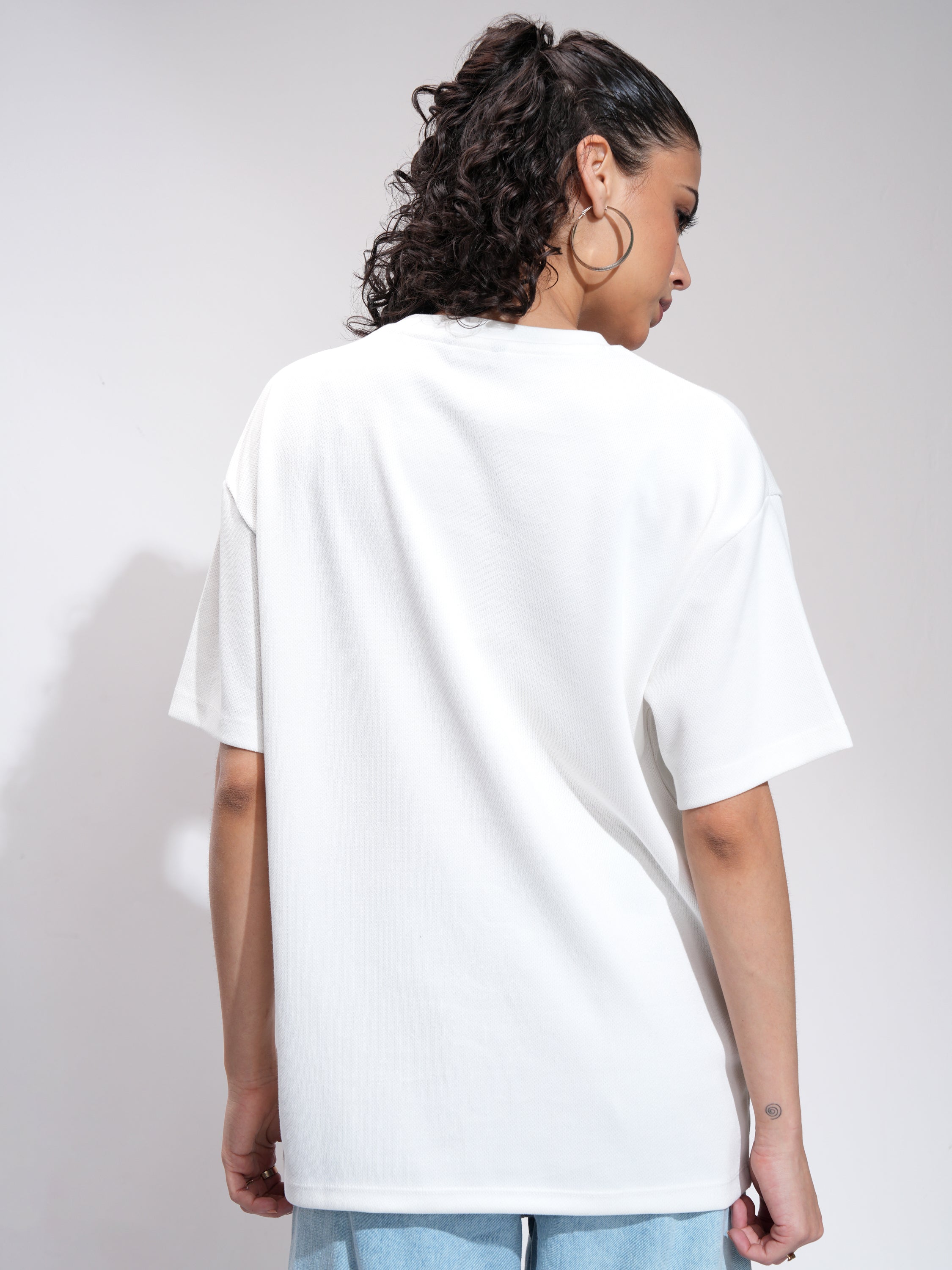 Tokyo Talkies Women Off White Embroidered Round Neck Oversized Fit T-Shirt - Off White - Image 3