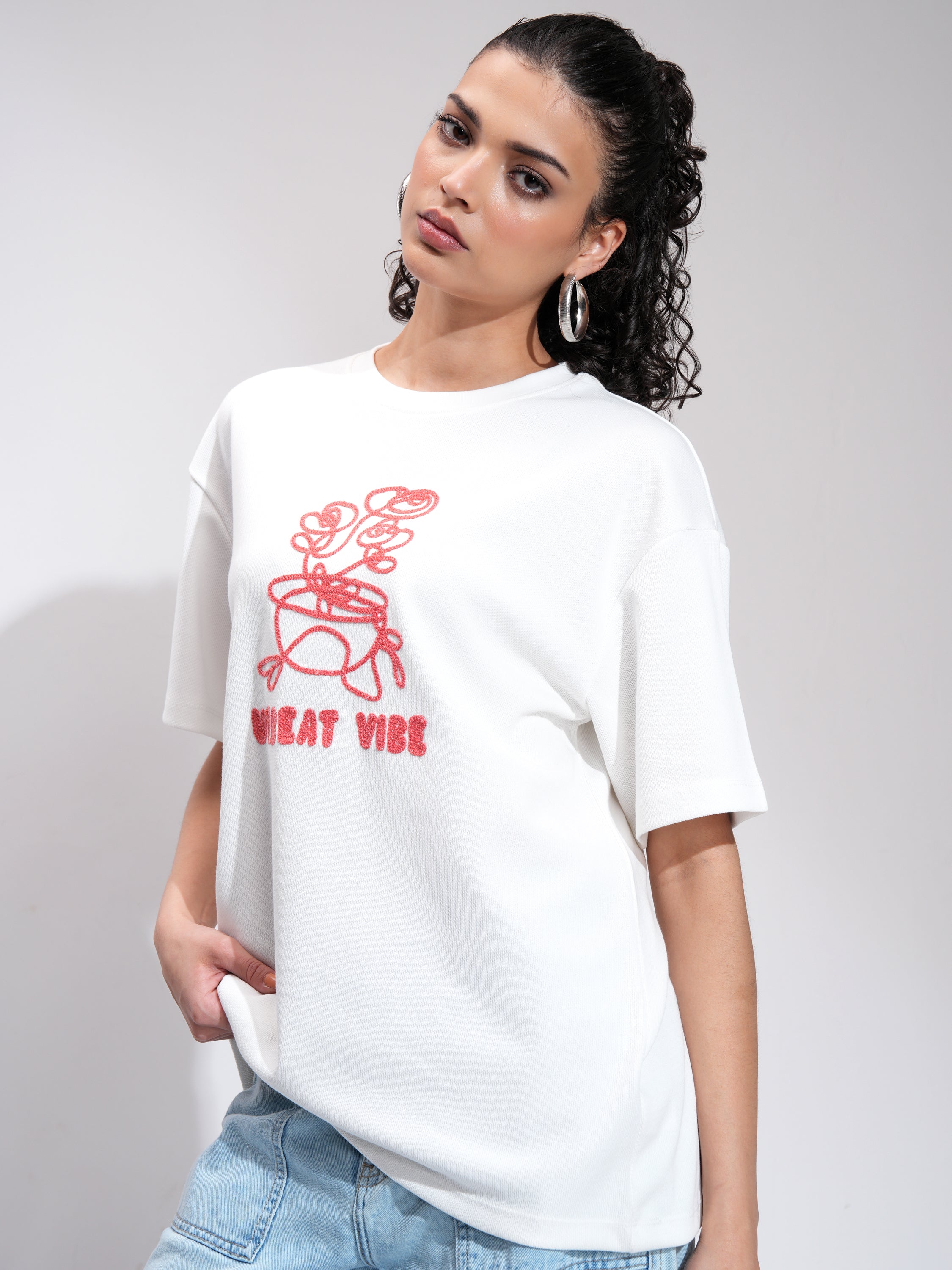 Tokyo Talkies Women Off White Embroidered Round Neck Oversized Fit T-Shirt - Off White - Image 4