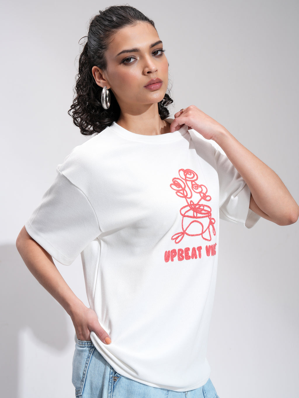Tokyo Talkies Women Off White Embroidered Round Neck Oversized Fit T-Shirt - Off White - Image 6