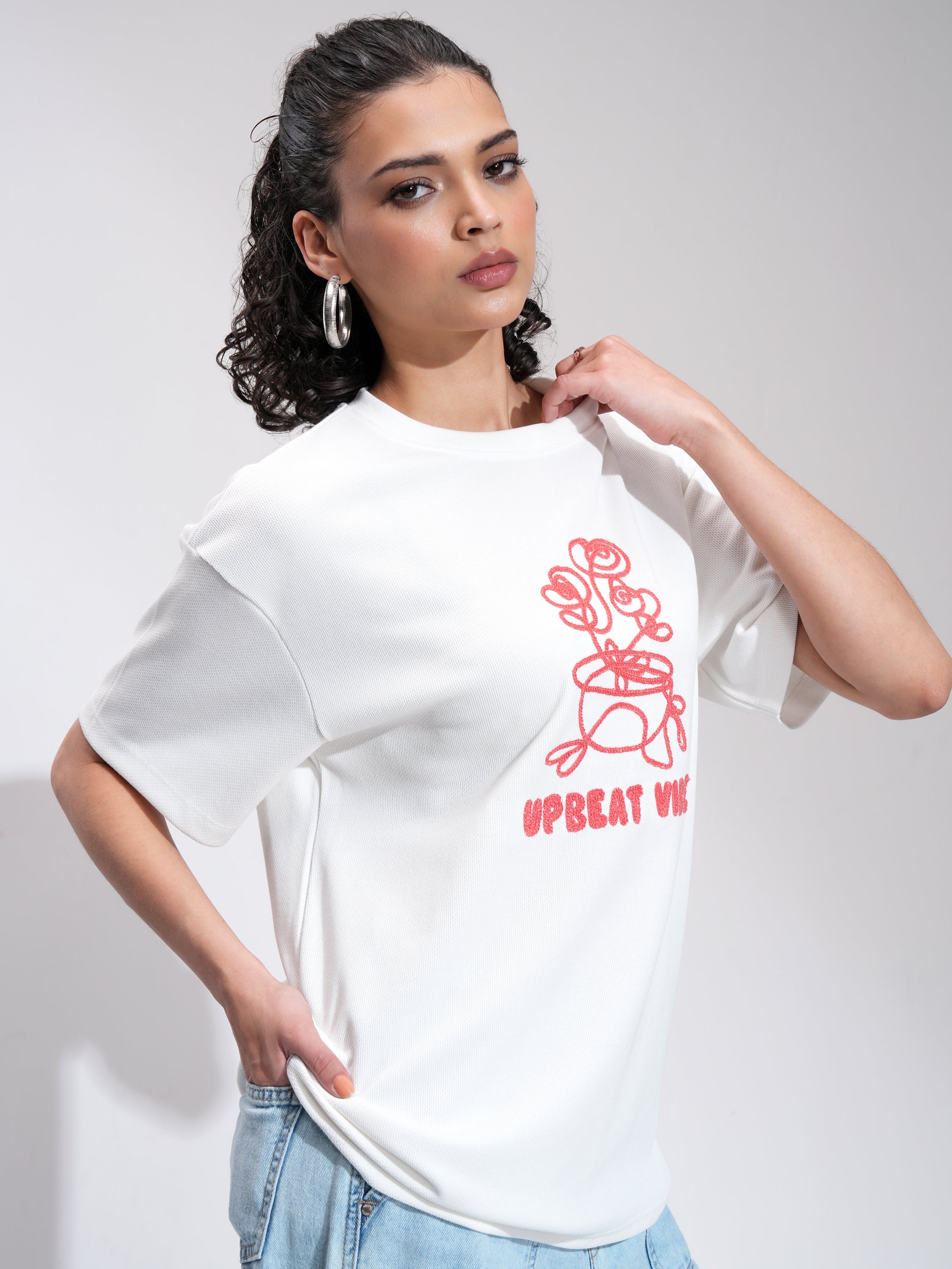 Tokyo Talkies Women Off White Embroidered Round Neck Oversized Fit T-Shirt - Off White - Image 6