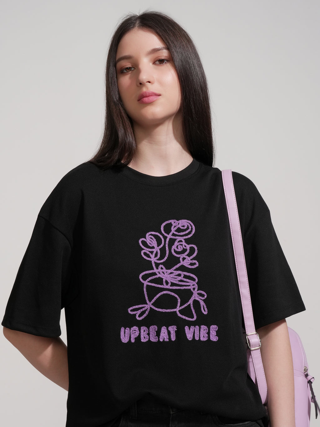 Tokyo Talkies Women Black Embroidered Round Neck Oversized Fit T-Shirt - Black - Image 1