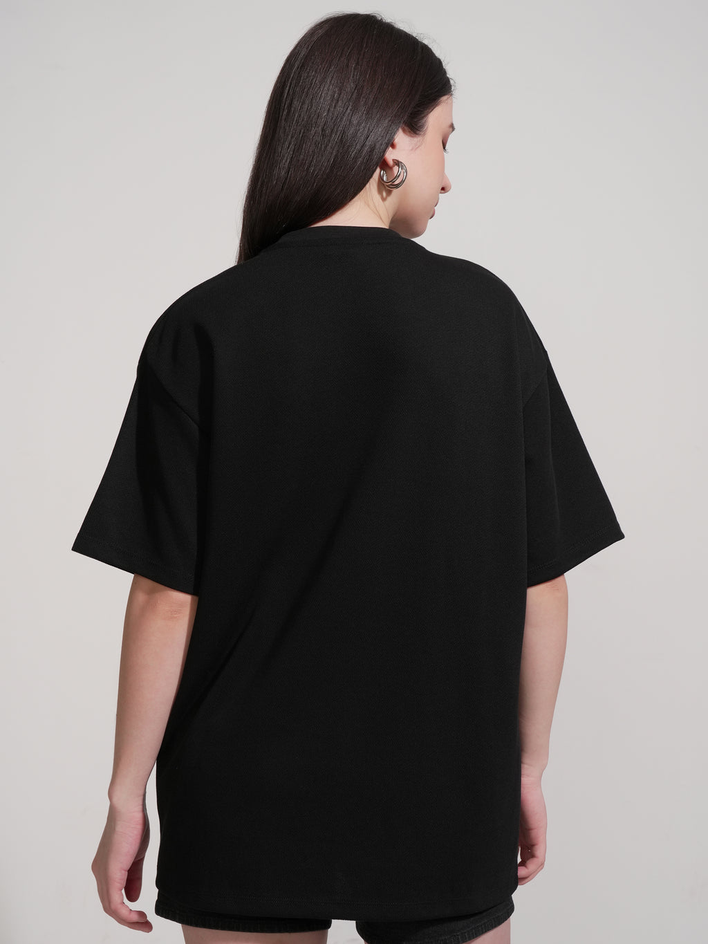 Tokyo Talkies Women Black Embroidered Round Neck Oversized Fit T-Shirt - Black - Image 3