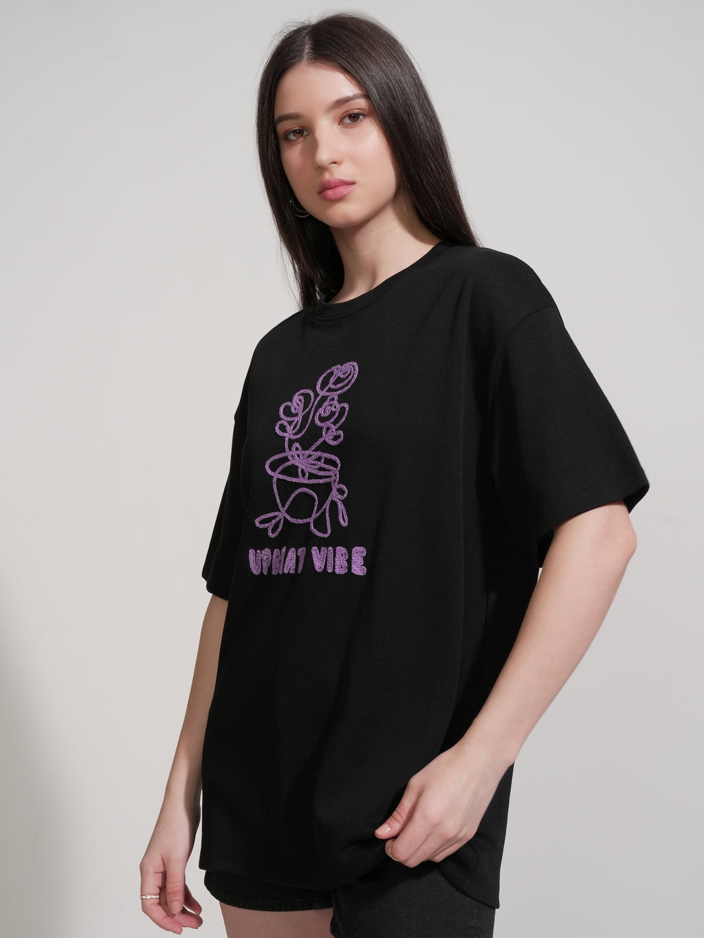 Tokyo Talkies Women Black Embroidered Round Neck Oversized Fit T-Shirt - Black - Image 4