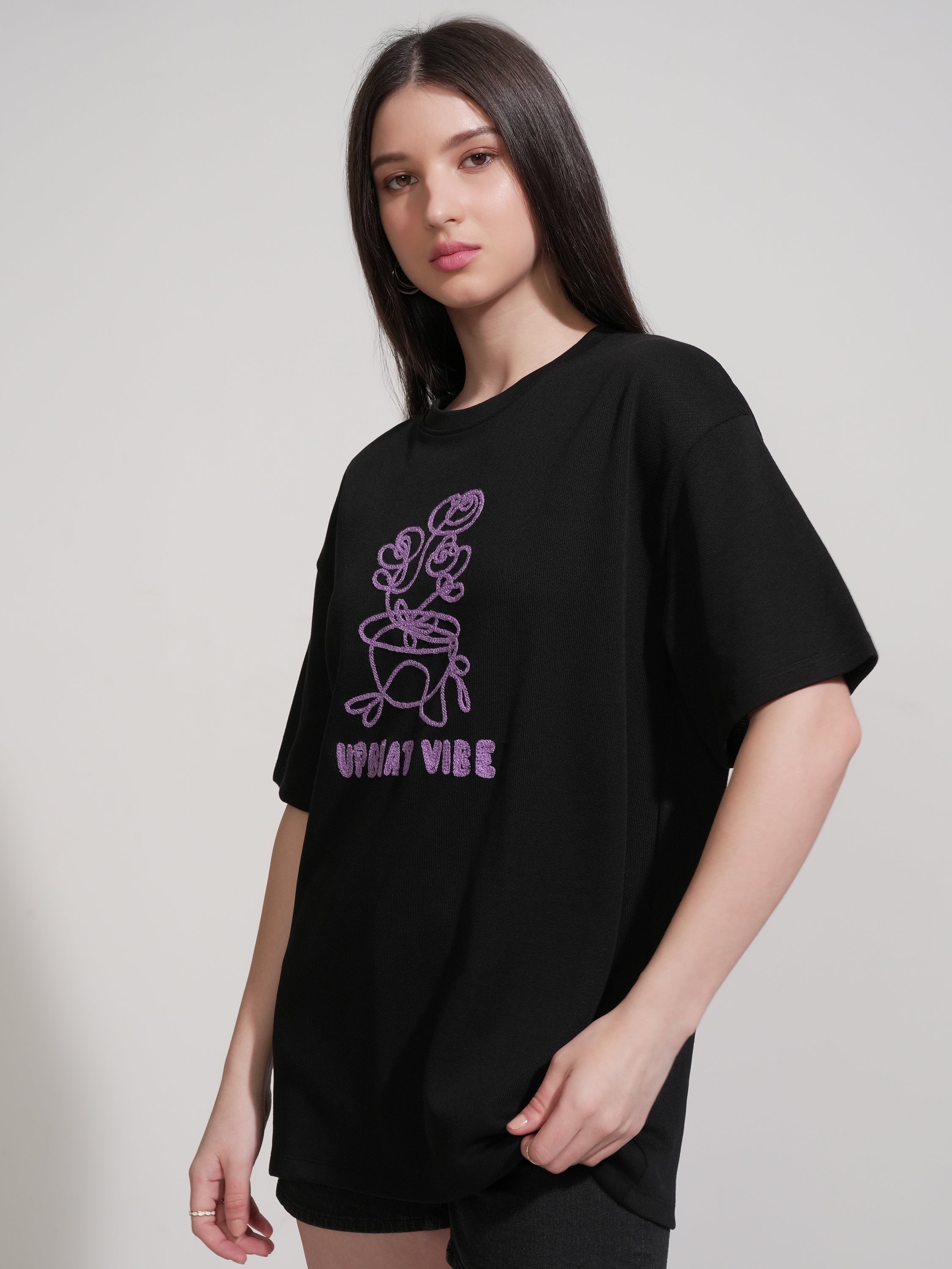 Tokyo Talkies Women Black Embroidered Round Neck Oversized Fit T-Shirt - Black - Image 4