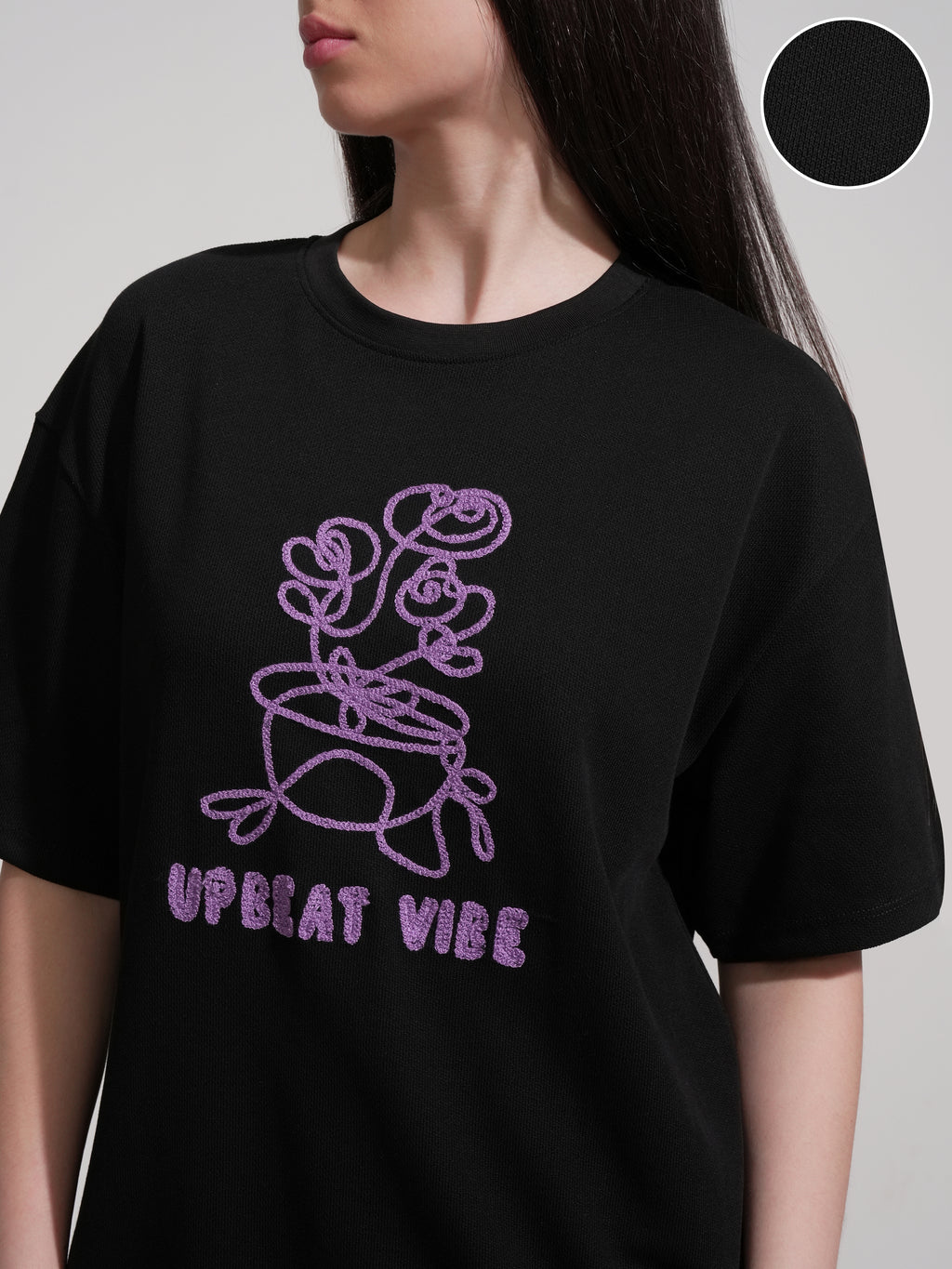 Tokyo Talkies Women Black Embroidered Round Neck Oversized Fit T-Shirt - Black - Image 5