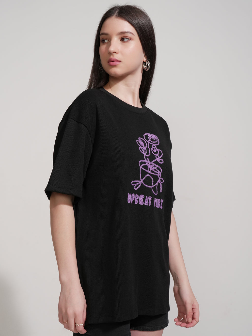 Tokyo Talkies Women Black Embroidered Round Neck Oversized Fit T-Shirt - Black - Image 6